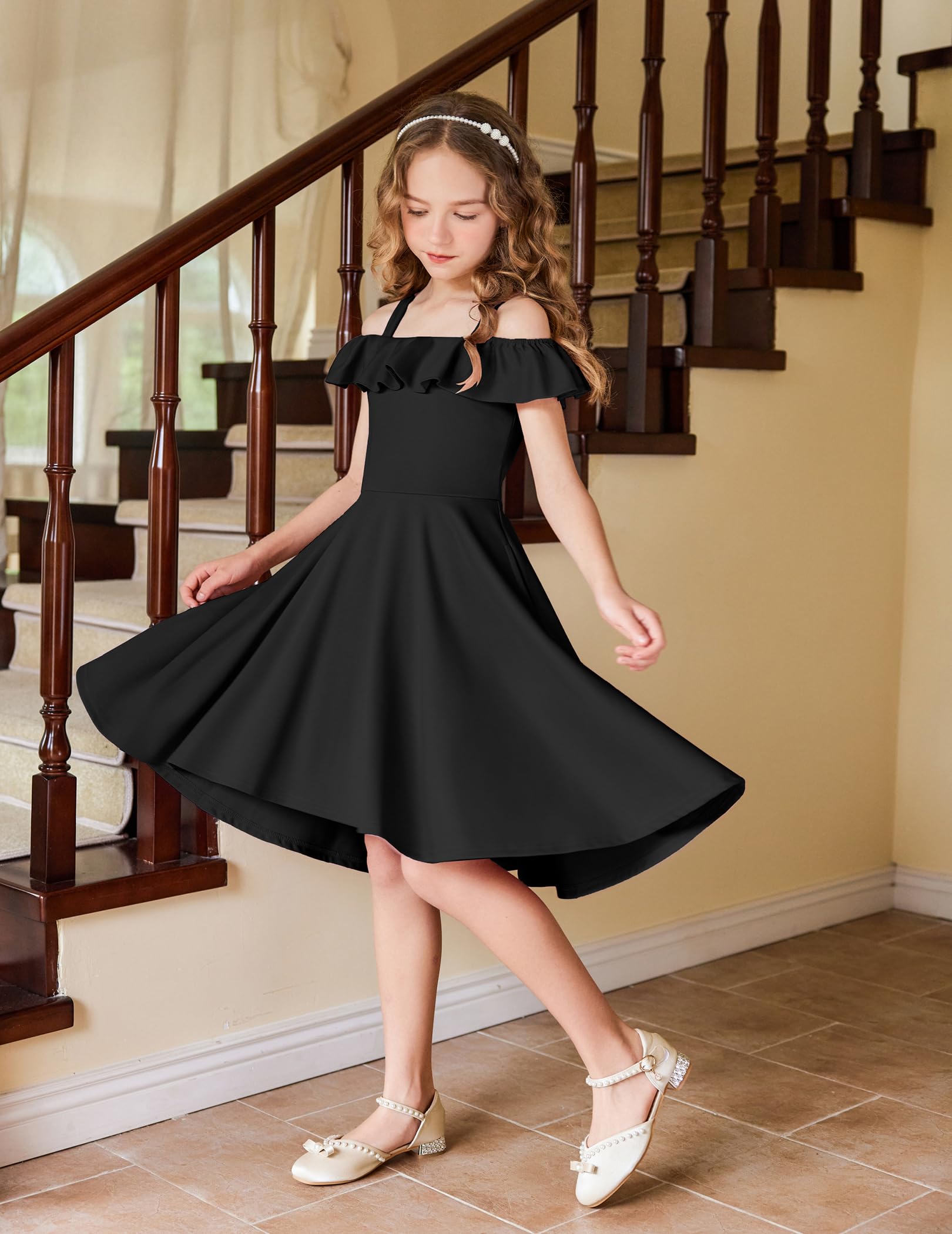 Arshiner Girls Summer Dress - Off Shoulder Flutter Sleeve Midi Swing Dress with Pockets | Casual & Formal Wear for Kids | Perfect for Beach, Party & Everyday Outfits