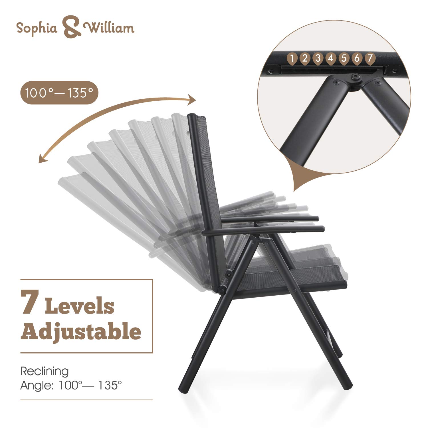 Sophia & William 6-Piece Patio Dining Chair Set - Adjustable High Back Folding Sling Chairs for Outdoor, Porch, Poolside & Garden - Portable Black Patio Furniture for Backyard, Balcony & Camping Use