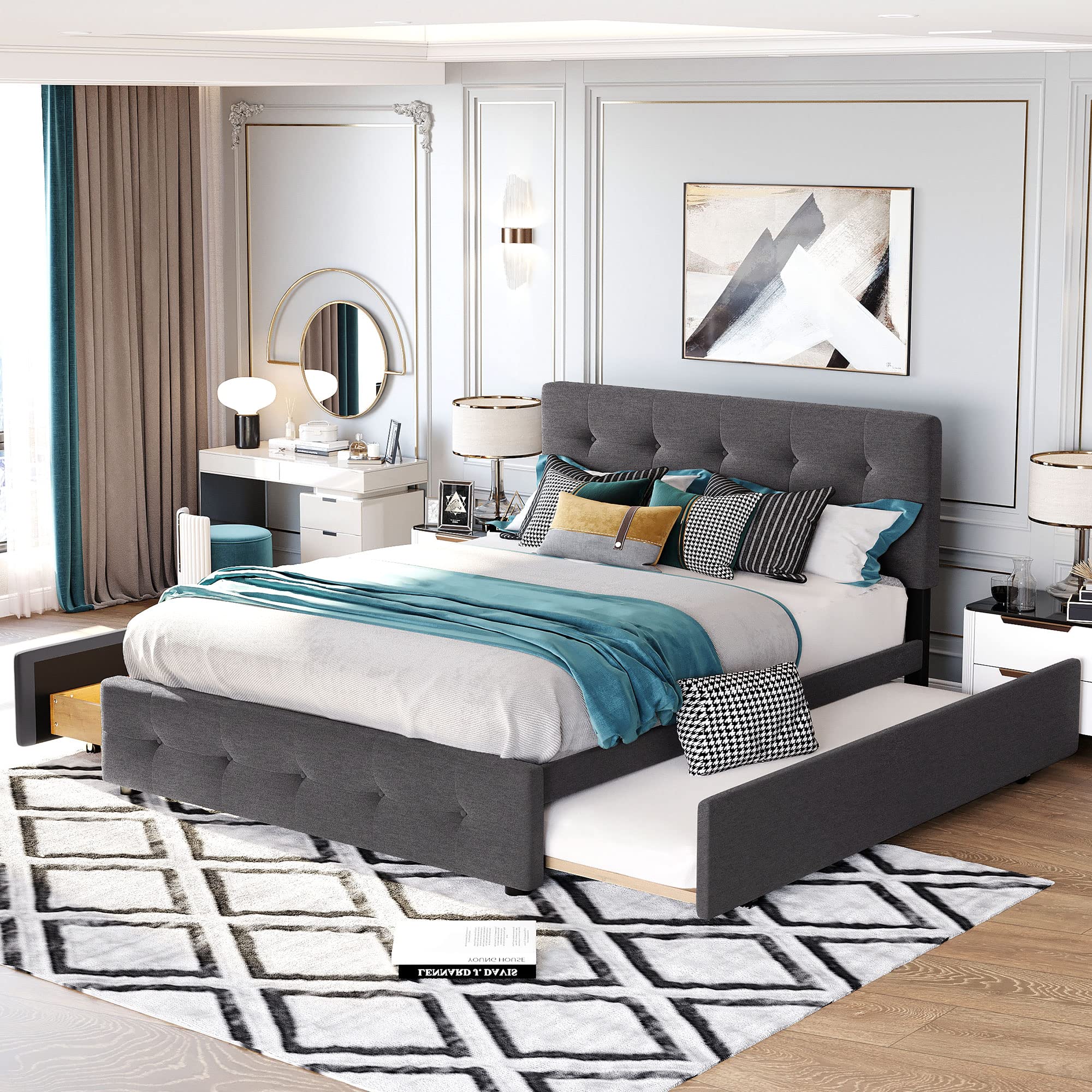 Queen Size Upholstered Platform Bed with Storage Drawers & Twin XL Trundle - Dark Grey Wooden Bed Frame with Button Tufted Headboard | Perfect for Small Spaces, Guest Rooms & Modern Bedrooms