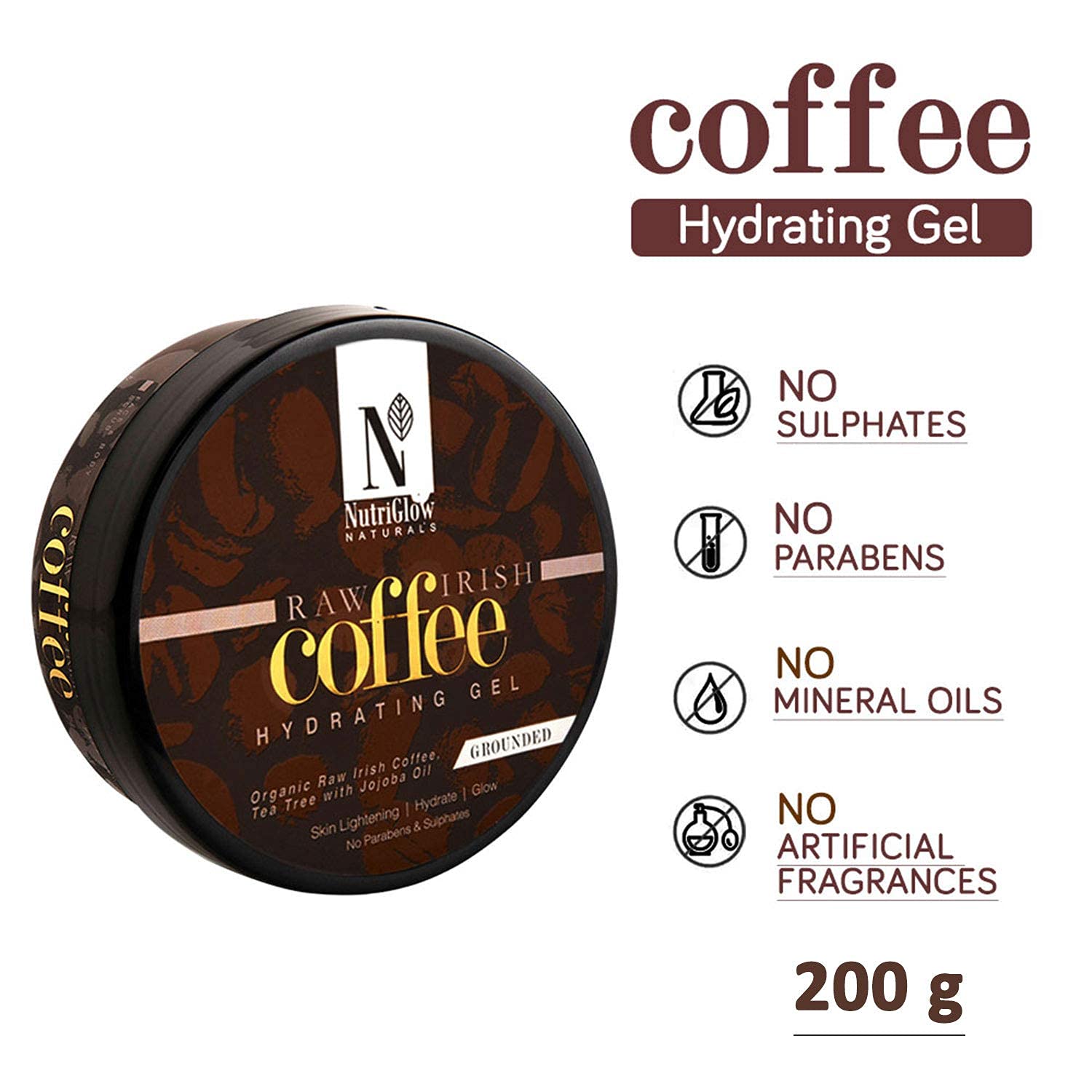 NutriGlow NATURAL'S Organic Raw Irish Coffee Hydrating Gel with Tea Tree & Jojoba Oil - Skin Brightening, Hydration & Glow - Paraben & Sulfate Free - 200g - Perfect for Daily Skincare Routine & Nighttime Hydration