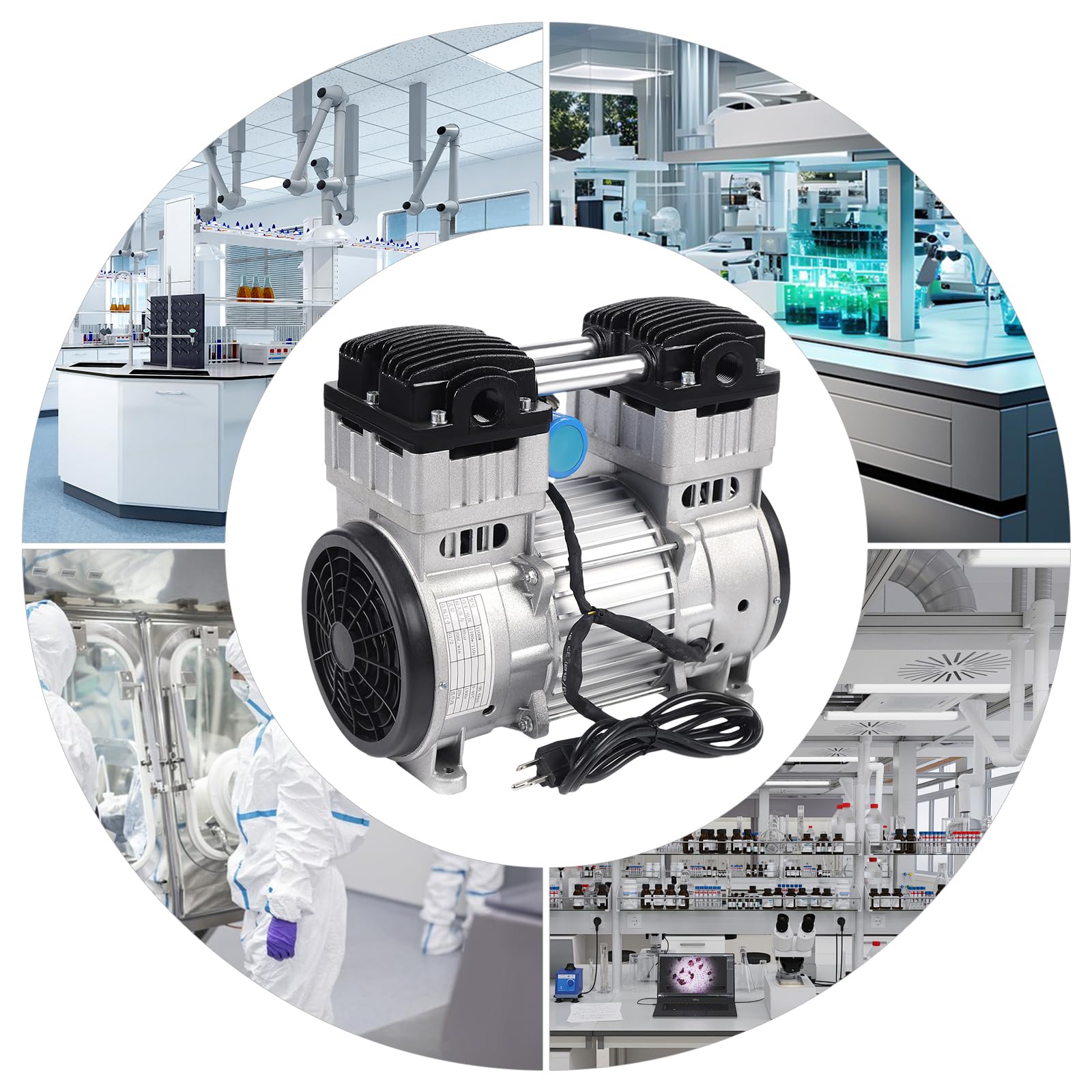 Oil-Free Vacuum Pump 7CFM, 1100W Industrial Air Compressor - Quiet High Vacuum Piston Pump, Fully Automatic, 110V - Ideal for HVAC, Automotive, and Laboratory Applications