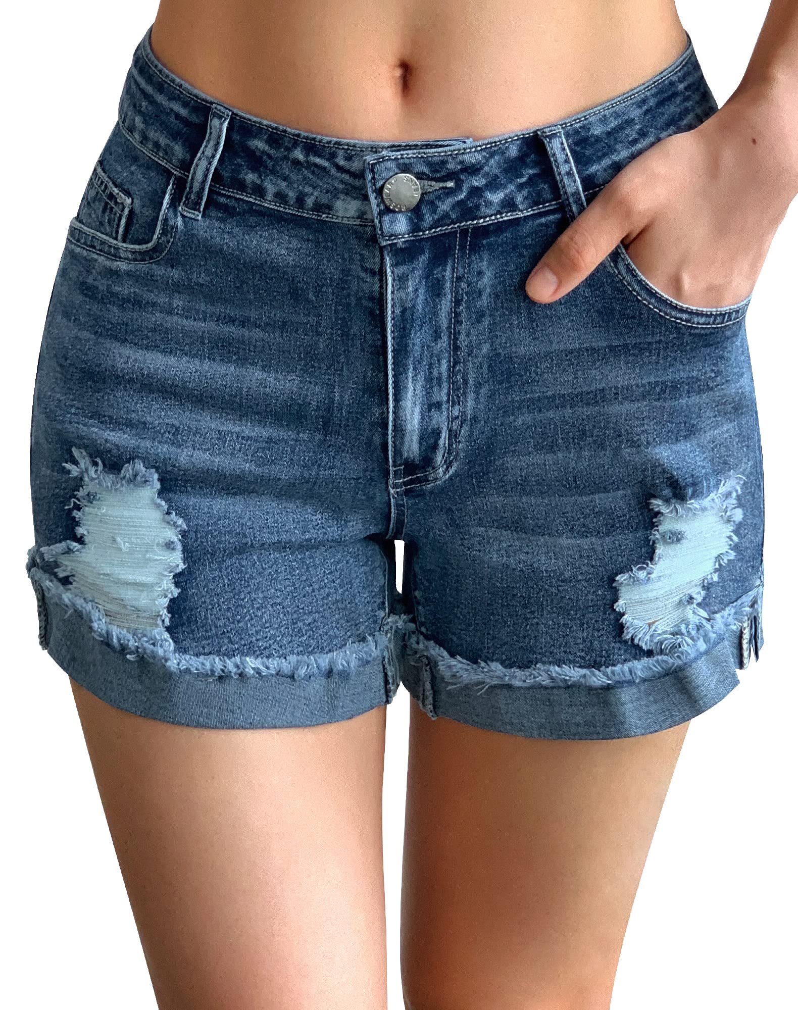 Roswear Women's Ripped Mid Rise Stretchy Denim Jean Shorts - Trendy Distressed Denim Shorts for Summer, Casual Outfits & Street Style Fashion