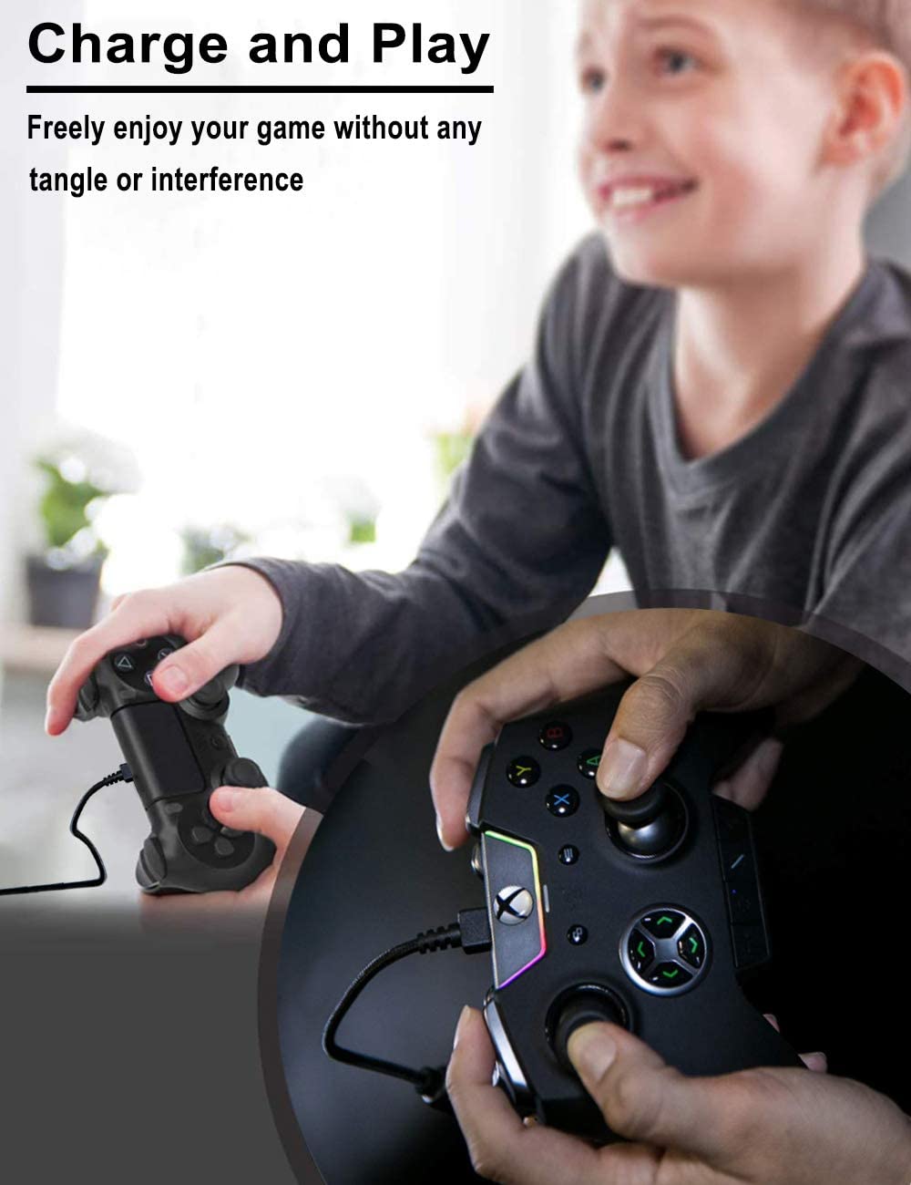 2 Pack 10ft PS4 Controller Charging Cable - Micro USB Sync & Play Cord for PlayStation 4, PS4 Slim, PS4 Pro, DualShock 4, Xbox One, Xbox One S, Xbox One Elite & Xbox One X Controllers - Fast Charging & Gaming Solution for Home & Travel Use