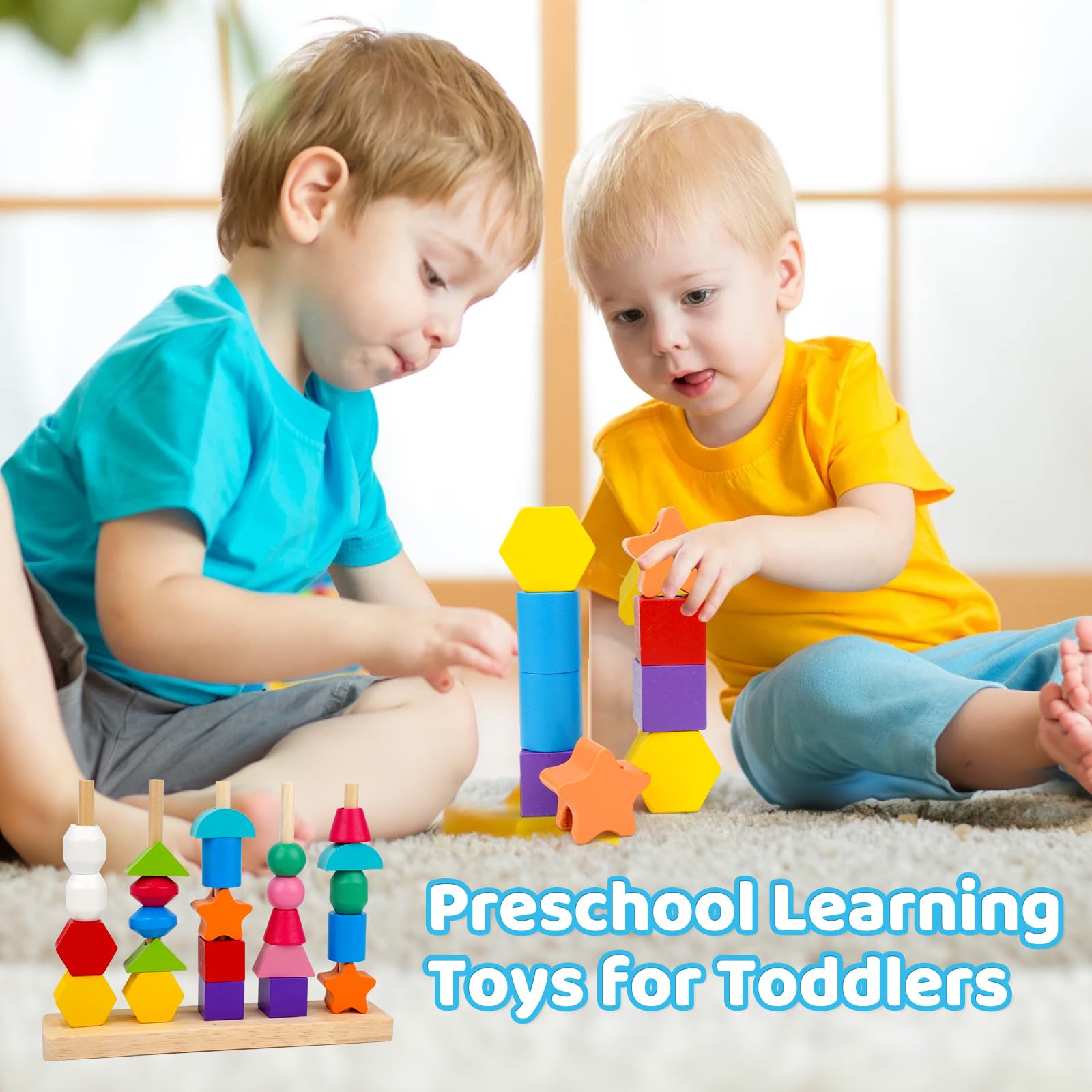 Montessori Wooden Beads Sequencing Toy Set for Toddlers Ages 2-4 - STEM Preschool Learning Toy with Lacing Beads, Stacking Blocks & Shape Matching - Perfect Birthday Gift for Boys & Girls | Classroom & Homeschool Educational Activities