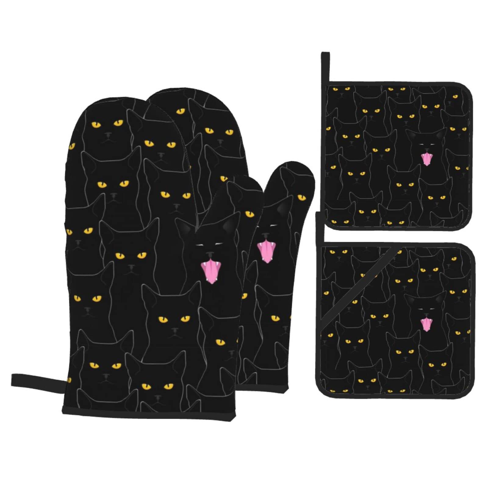Black Cat Oven Mitts and Pot Holders Set - Heat Resistant Non-Slip Kitchen Gloves for Cooking, Baking, Grilling & BBQ (4-Piece) - Perfect for Holiday Baking, Camping Trips & Home Kitchen Safety
