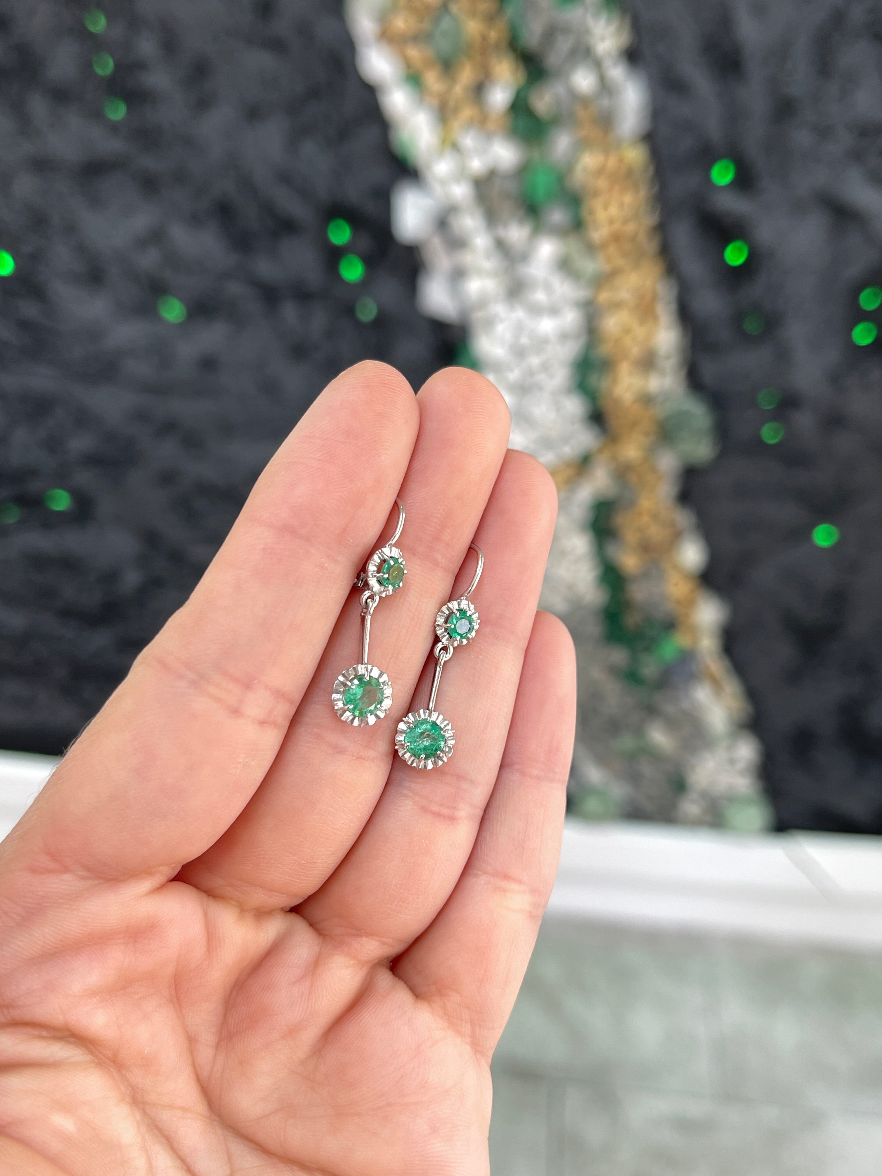Natural Round Emerald Dangle Earrings - 14K White Gold Buttercup Setting, 31mm Leverback Drop Earrings for Women | Perfect for Weddings, Parties & Special Occasions