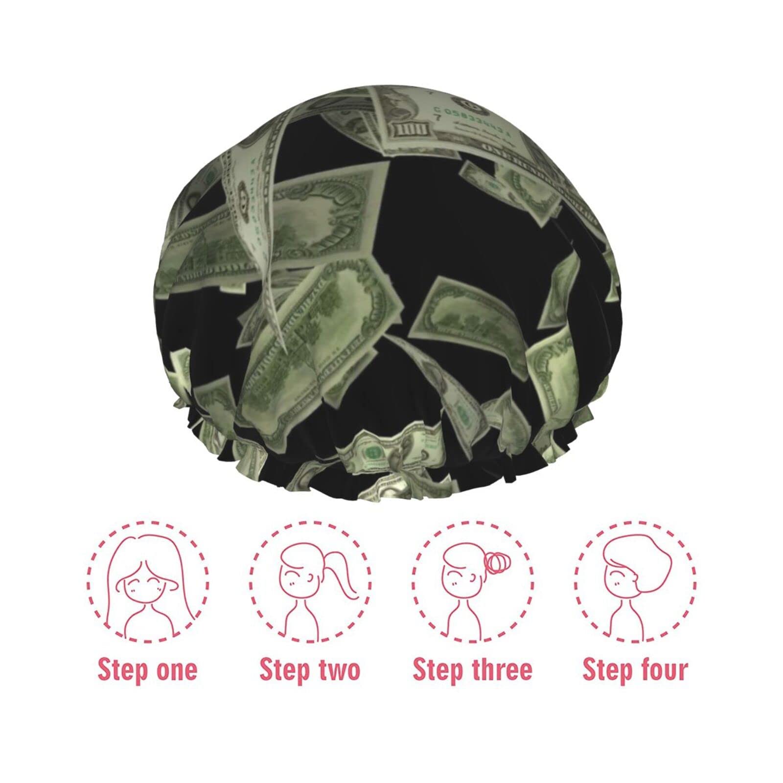 Waterproof Reusable Shower Cap for Women - Dollar Sign Money Print Bath Hair Cap | Double Layer Protection for Shower, Bathing & Spa