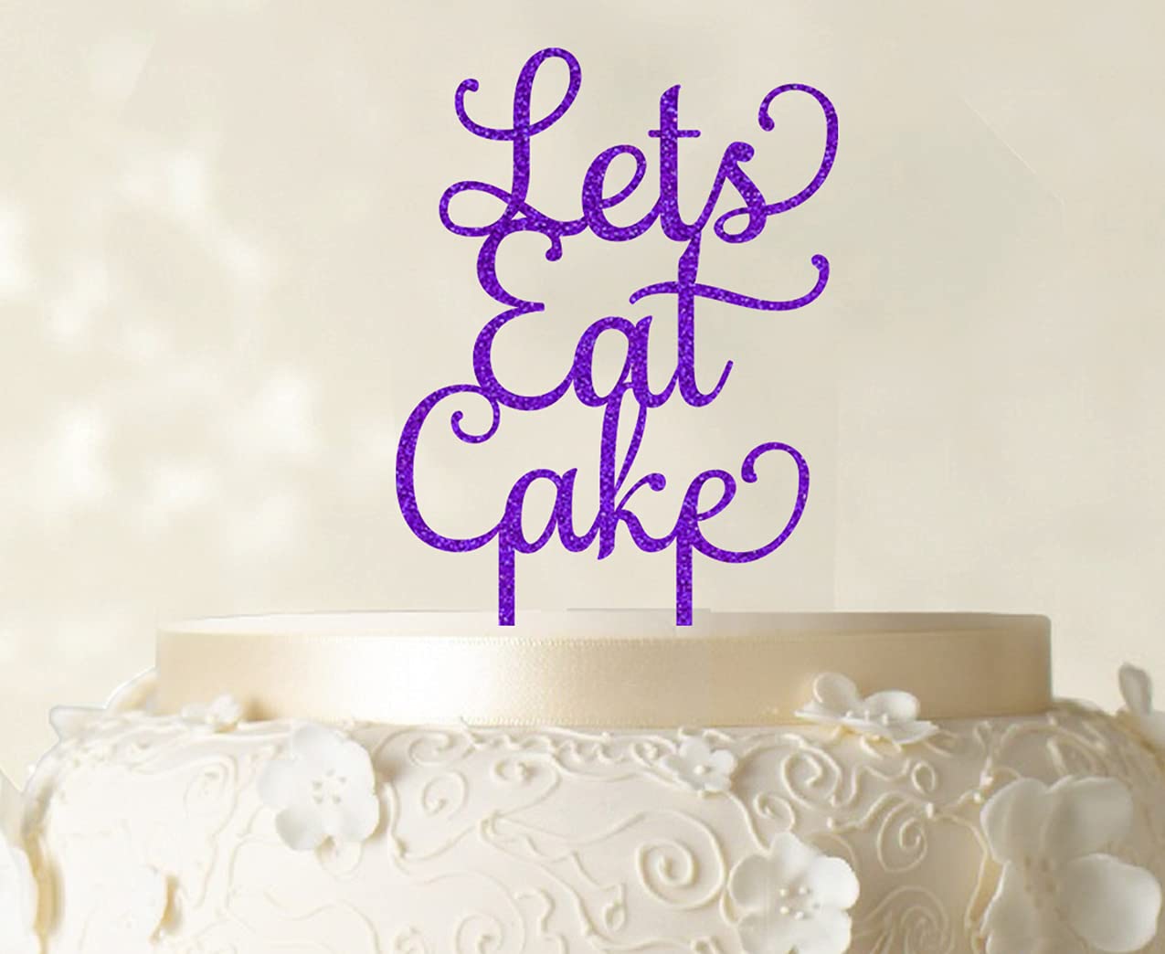 Purple Glitter 'Let's Eat Cake' Birthday Cake Topper - 5 to 7 Inches Wide - Customizable Color Options for Wedding, Anniversary & Party Decorations