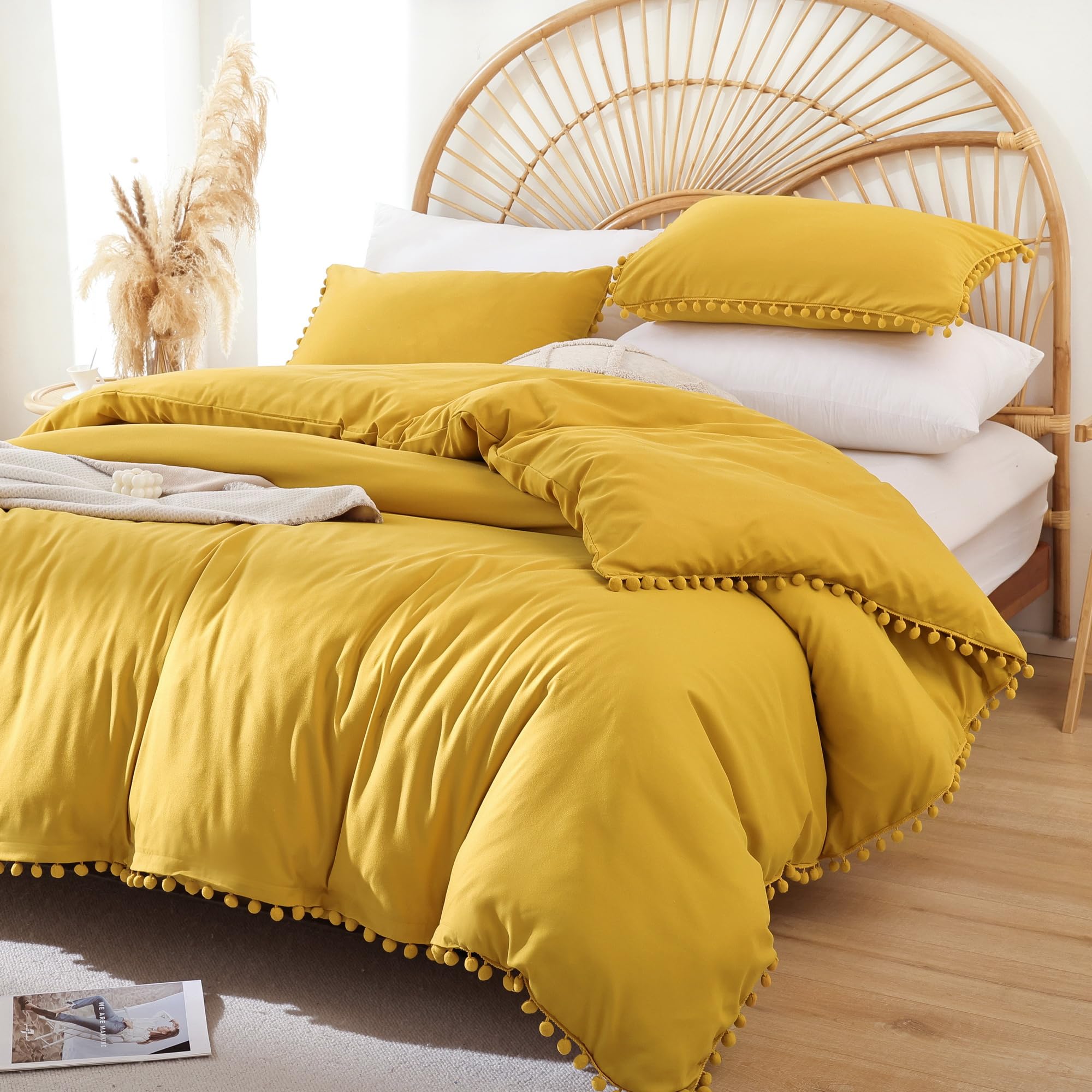 Queen Comforter Set with Pom Fringe - Soft All-Season Bedding for Cozy Nights - Mustard Yellow