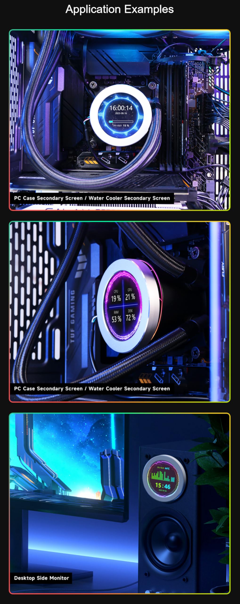 TUOPUONE 3.4 Inch USB Monitor - AIO LCD Screen for PC CPU Cooler Display with RGB Ambient Lighting & Music Spectrum Analysis - Silver | Perfect for Gaming Rigs, Custom PC Builds & Desktop Aesthetic Enhancement