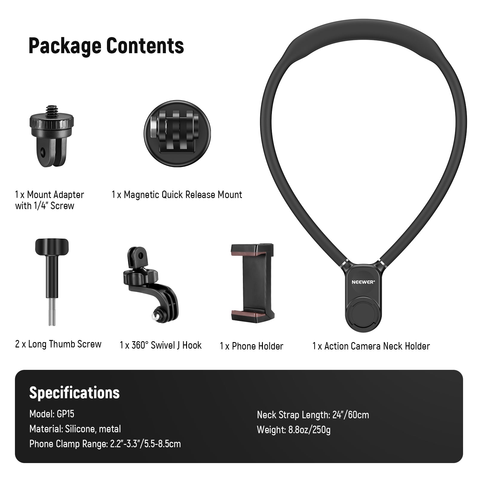 NEEWER GP15 Magnetic Quick Release Flexible Action Neck Mount for POV Camera - Hands-Free Mount for Vlogging, Travel & Outdoor Adventures