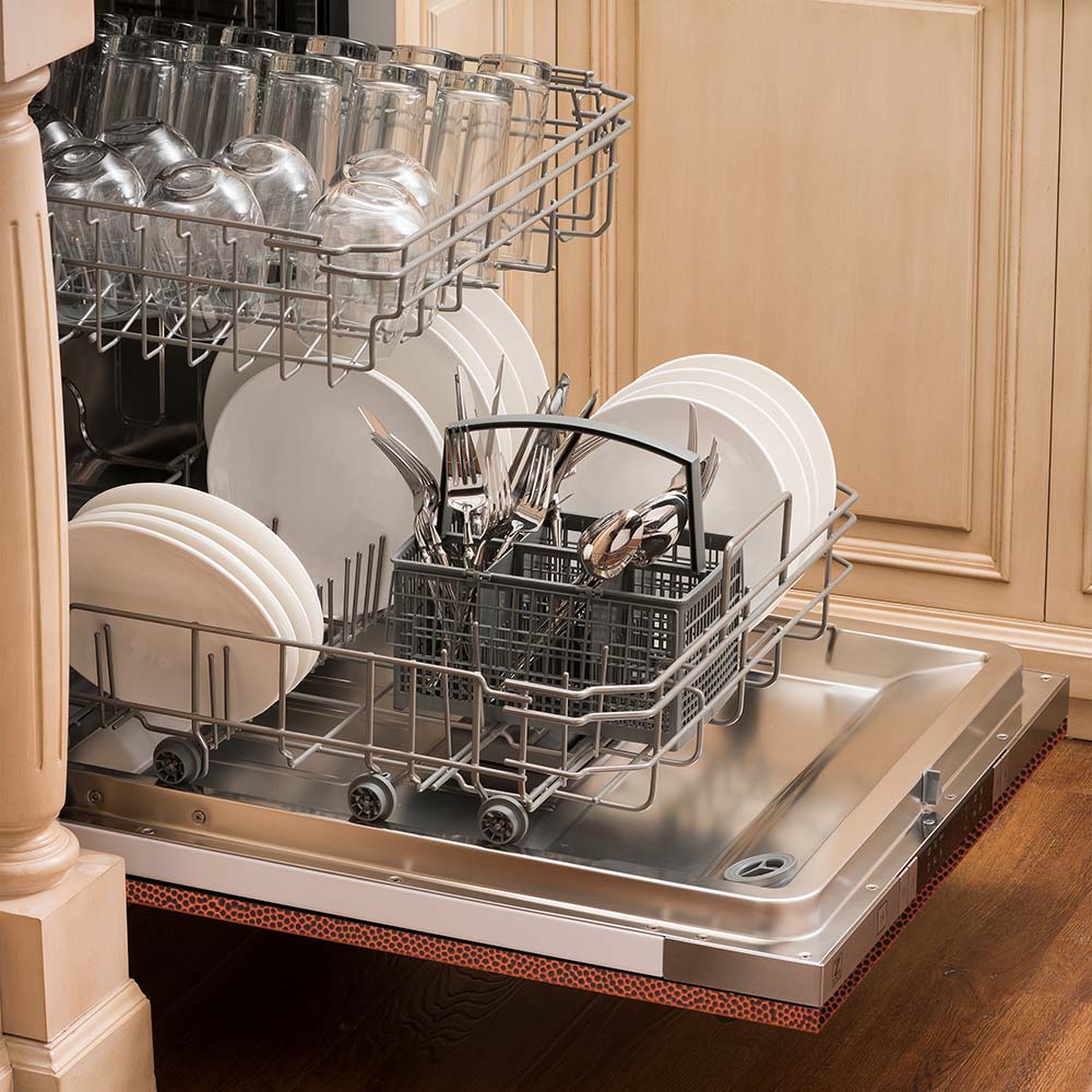ZLINE 24 Inch Built-In Dishwasher with Hand-Hammered Copper Panel - Traditional Style Handle - Ultra Quiet 52dBa - Perfect for Modern Kitchens & Open-Concept Homes (Model DW HH H 24)
