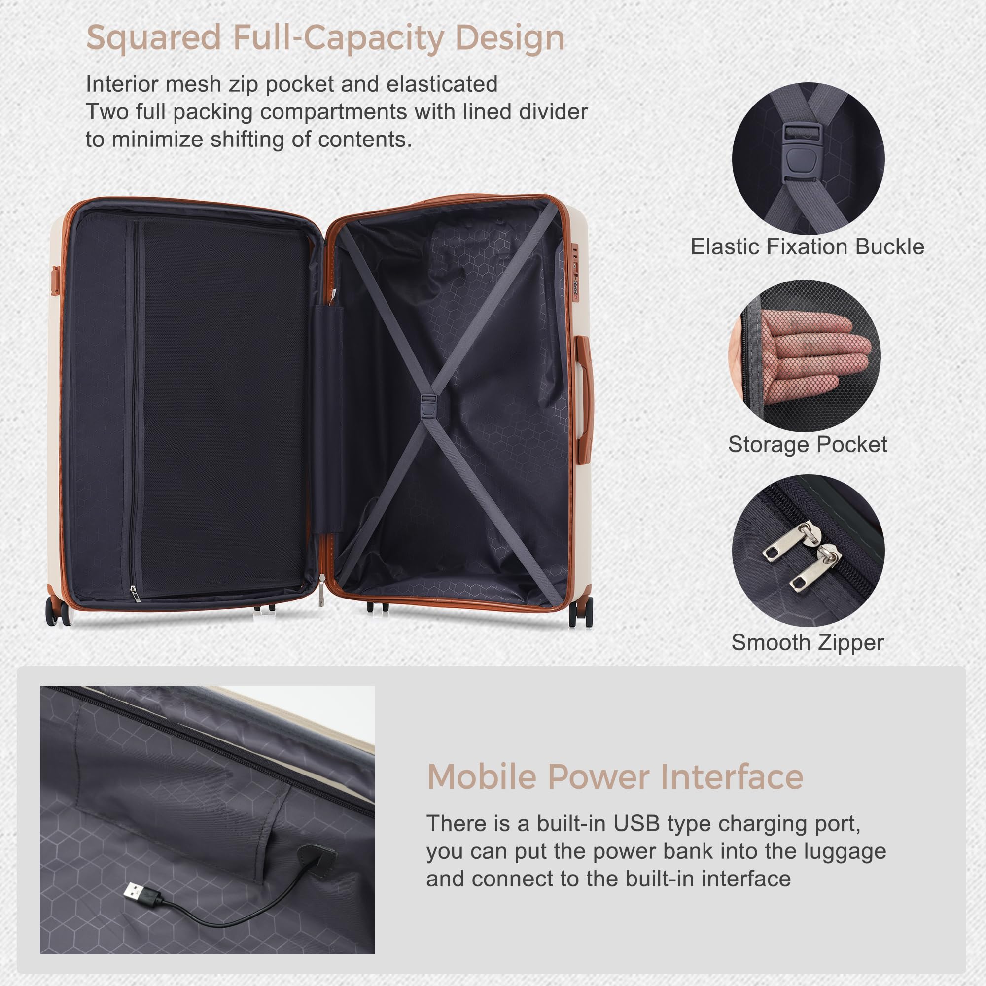 Merax 3-Piece Lightweight Luggage Set with USB Port, Spinner Wheels, Carry-On Suitcase (20/24/28 Inch) - Perfect for Travel, Business Trips & Vacations | Ivory & Brown PP Material