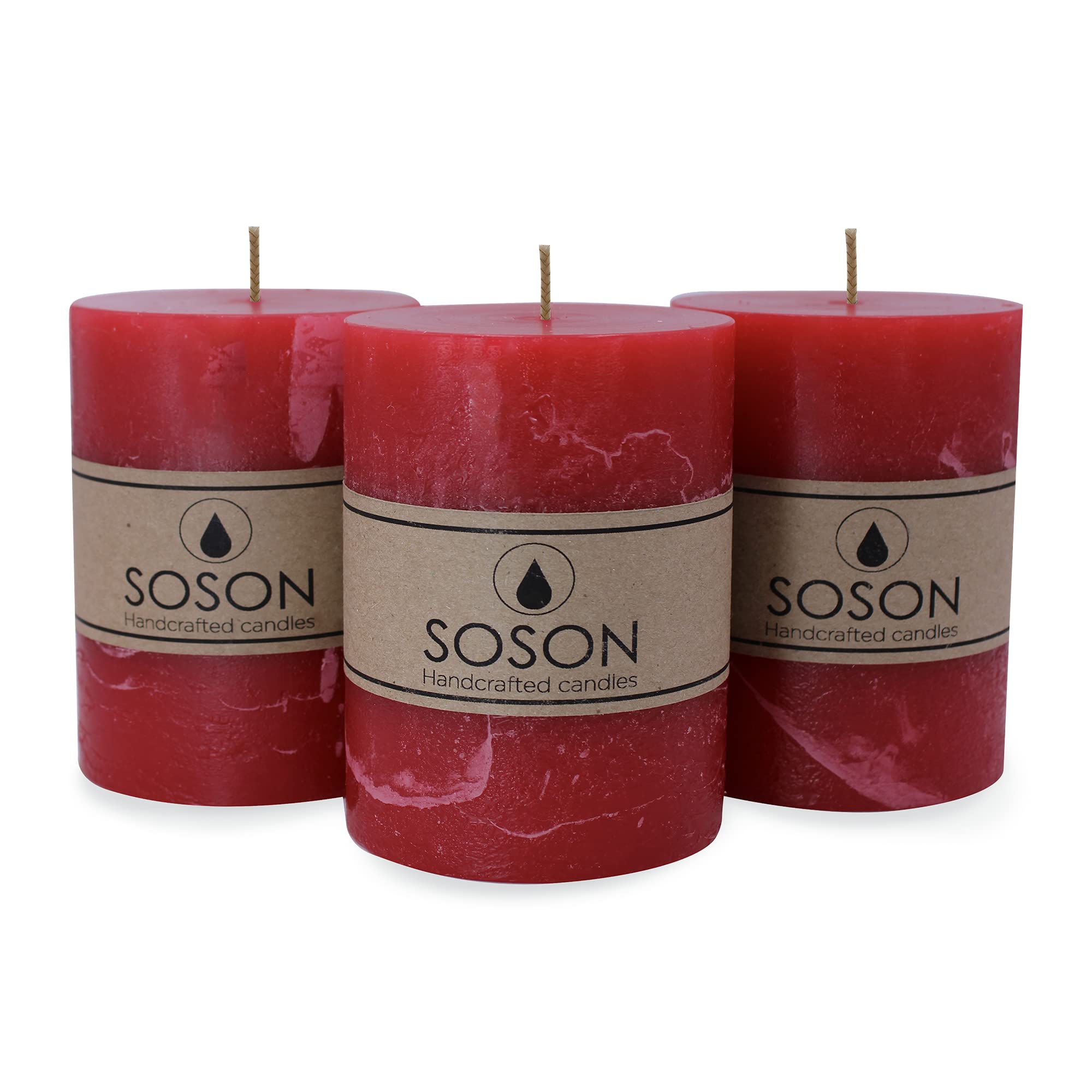 Simply Soson Rustic 3x4 Inch Red Pillar Candles Set of 3 - Unscented Decorative Candles for Candle Holders - Bulk Fall & Holiday Decor - Perfect for Weddings, Christmas, Thanksgiving, and Home Decor