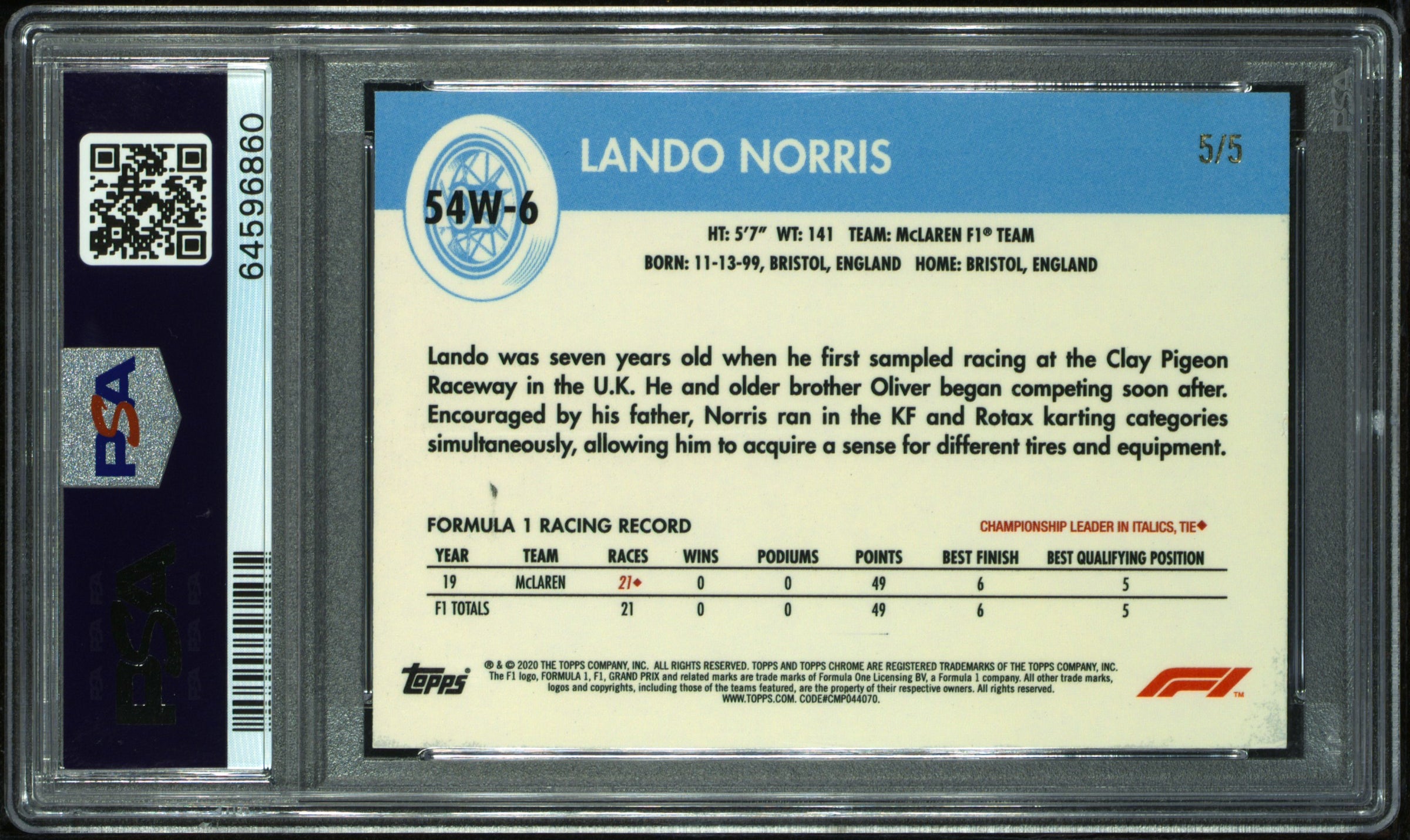 2020 Topps Chrome F1 Lando Norris #6 Red Rookie Card PSA 9 5/5 - Perfect for F1 Collectors, Racing Fans, and Sports Memorabilia Enthusiasts