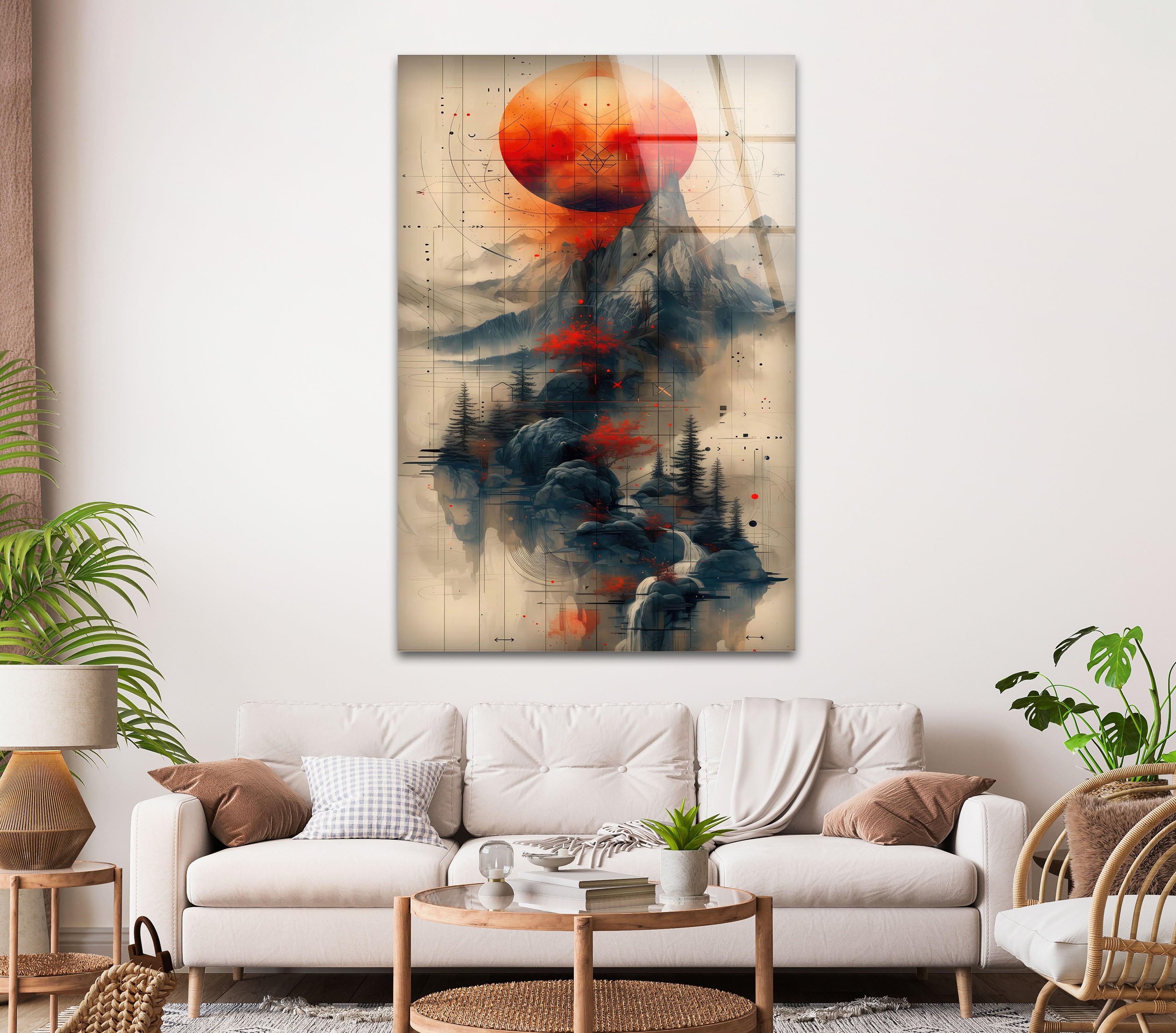 Abstract Mountain Glass Wall Art - Modern Red Sun Landscape Painting for Home & Office Decor | Perfect for Living Room, Bedroom, or Office Spaces