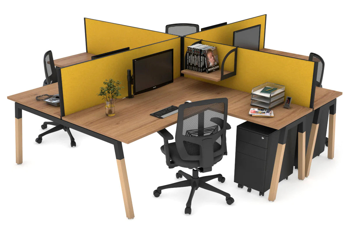 Quadro Wood A Legs Cross Beam 4-Person Corner Workstation Desk - 1600L x 1800W with Cable Management Scallop - Perfect for Office, Home Workspace & Collaborative Environments