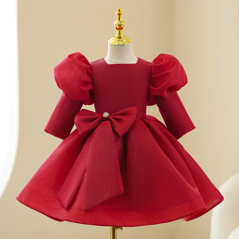 Red Tulle Princess Flower Girl Dress - Square Neck Puff Sleeve Ball Gown for Weddings, Birthday Parties & Special Occasions