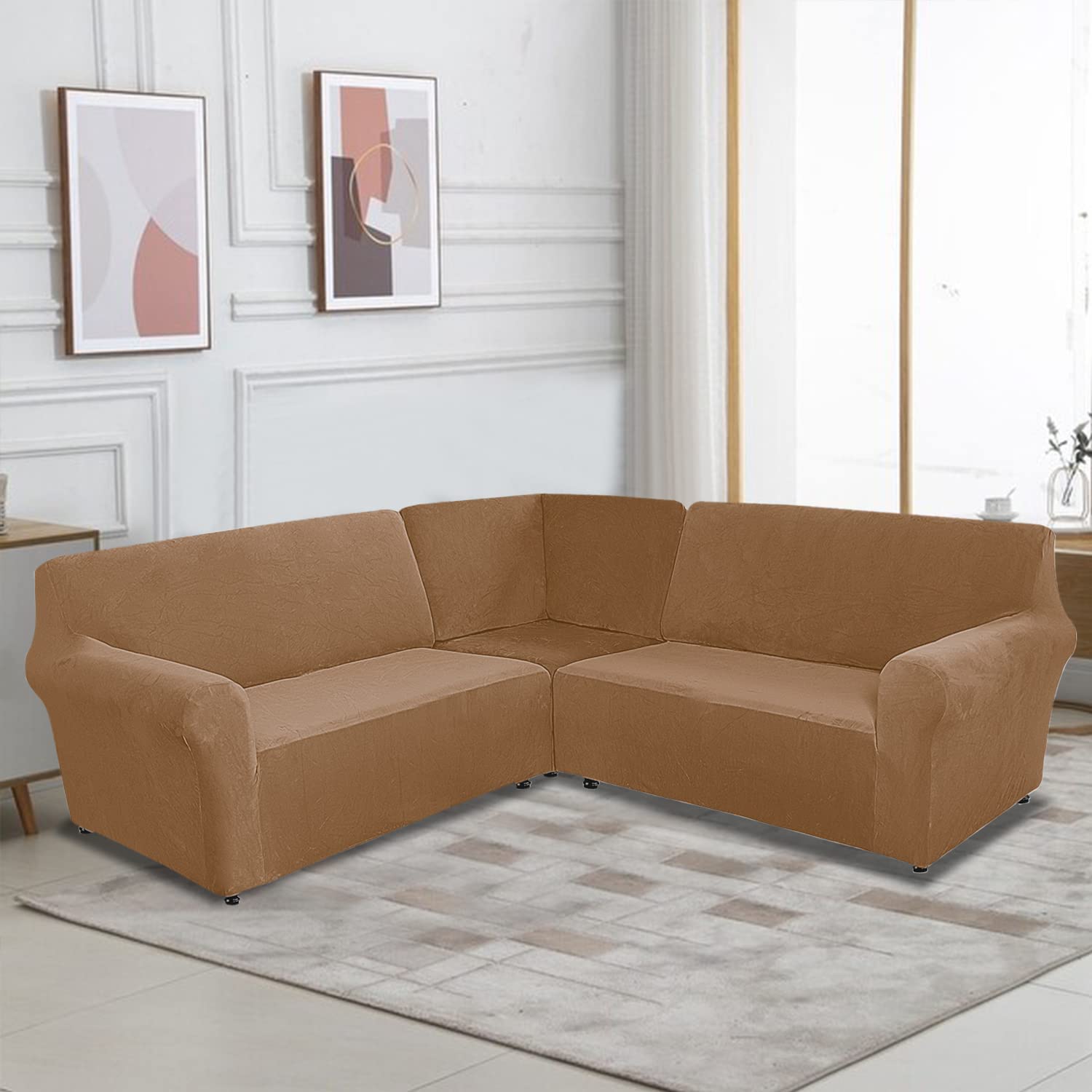 ELEOPTION 5-Piece L-Shaped Sectional Sofa Cover - Stretch Velvet Slipcover for Corner Couch, Soft Washable Furniture Protector in Khaki - Perfect for Living Room, Family Room, and Home Theater Seating