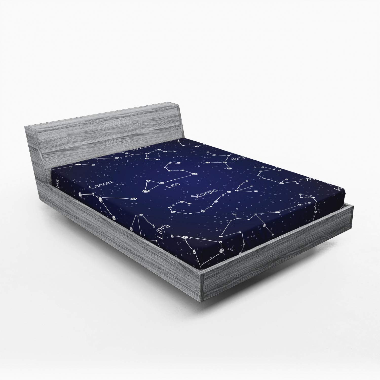 Ambesonne Constellation Fitted Sheet - Full Size Deep Pocket Bed Cover with Zodiac Star Clusters & Sign Names in Doodle Chalk Style, Dark Blue & White | Perfect for Astronomy Lovers, Dorm Rooms & Cozy Bedroom Decor