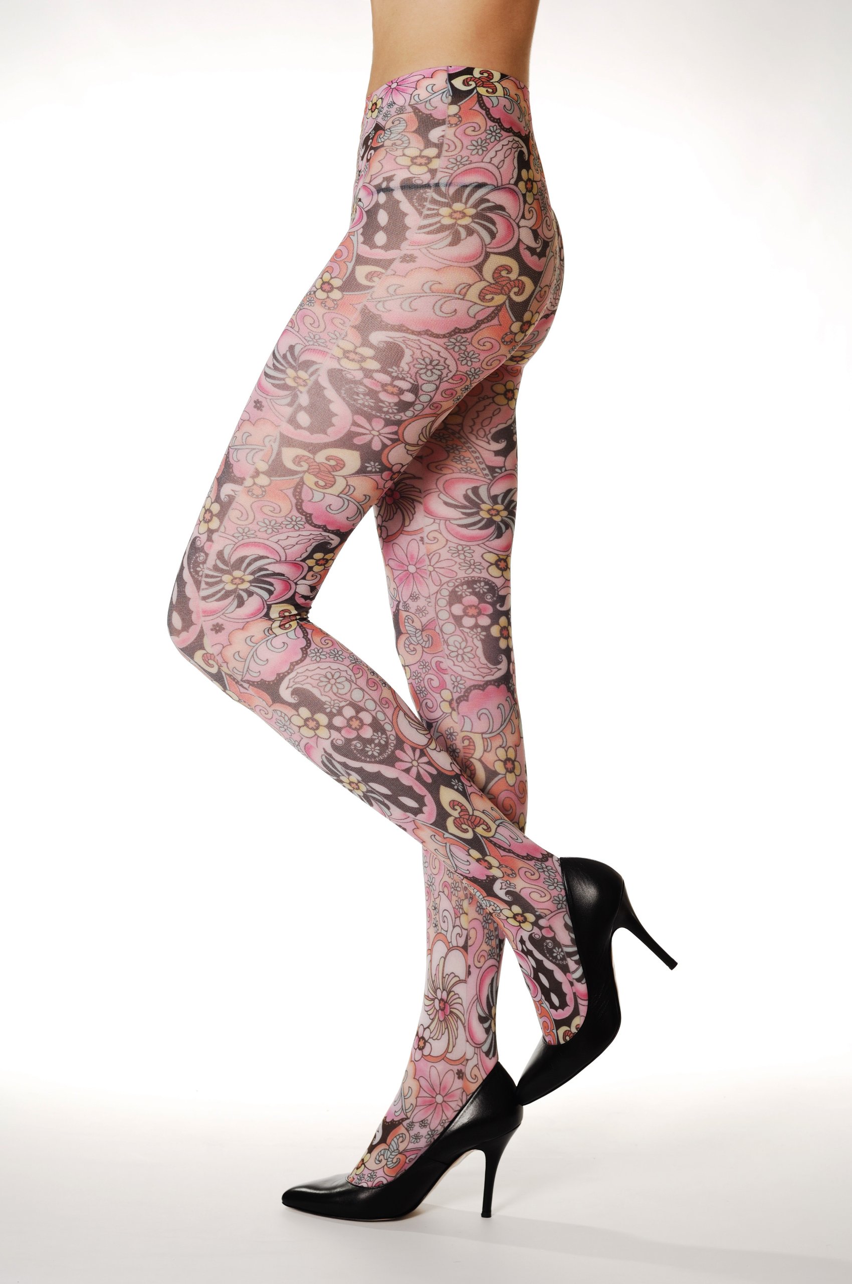 LissKiss White & Pink Floral Opaque Tattoo Pantyhose - Sexy Sheer Tights for Women, Fashionable Legwear for Parties, Cosplay & Everyday Wear