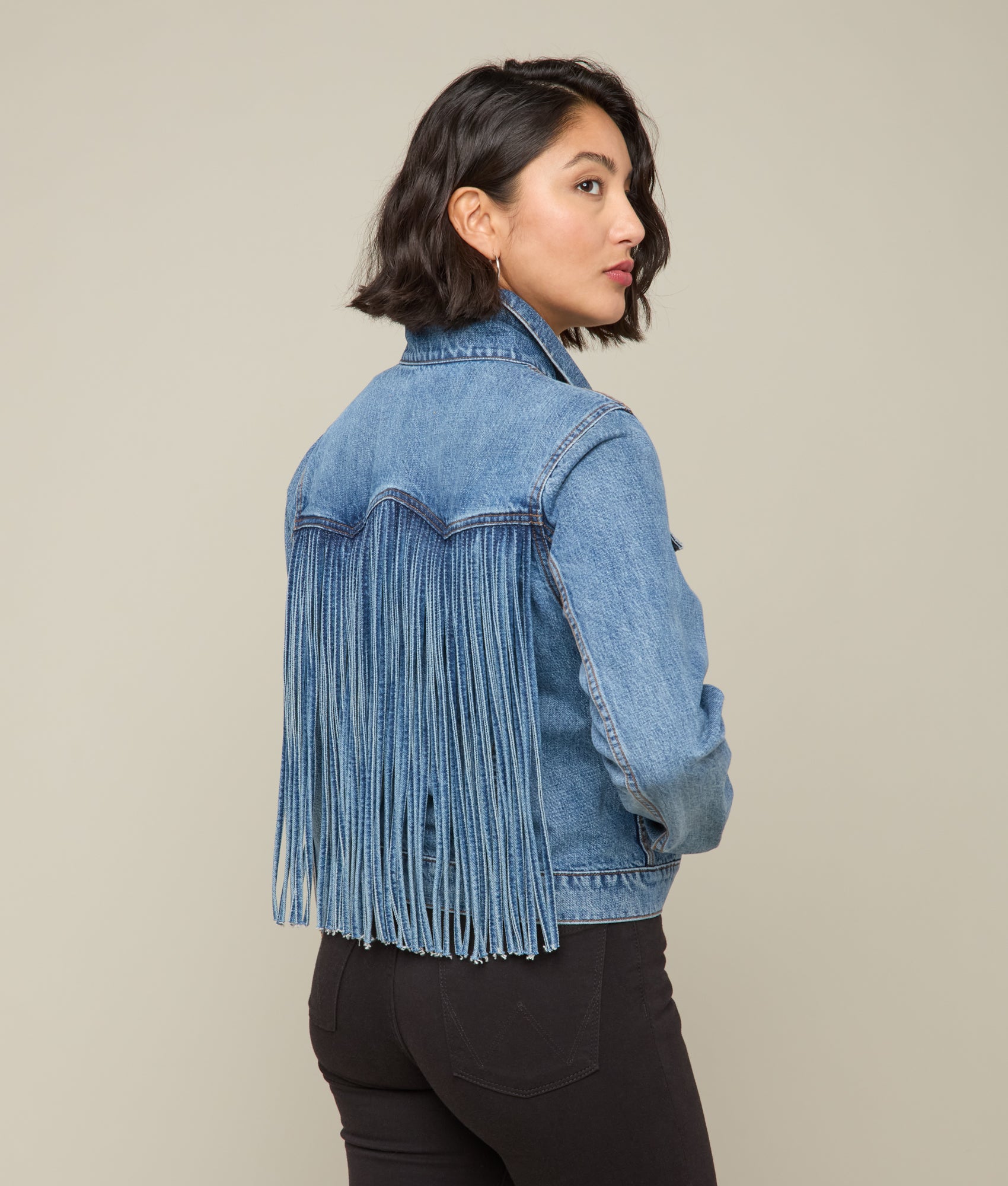 Justine Fringe Denim Jacket for Women - Blue Roan Distressed Vintage Style Jacket - Perfect for Casual Outfits, Music Festivals & Boho Fashion