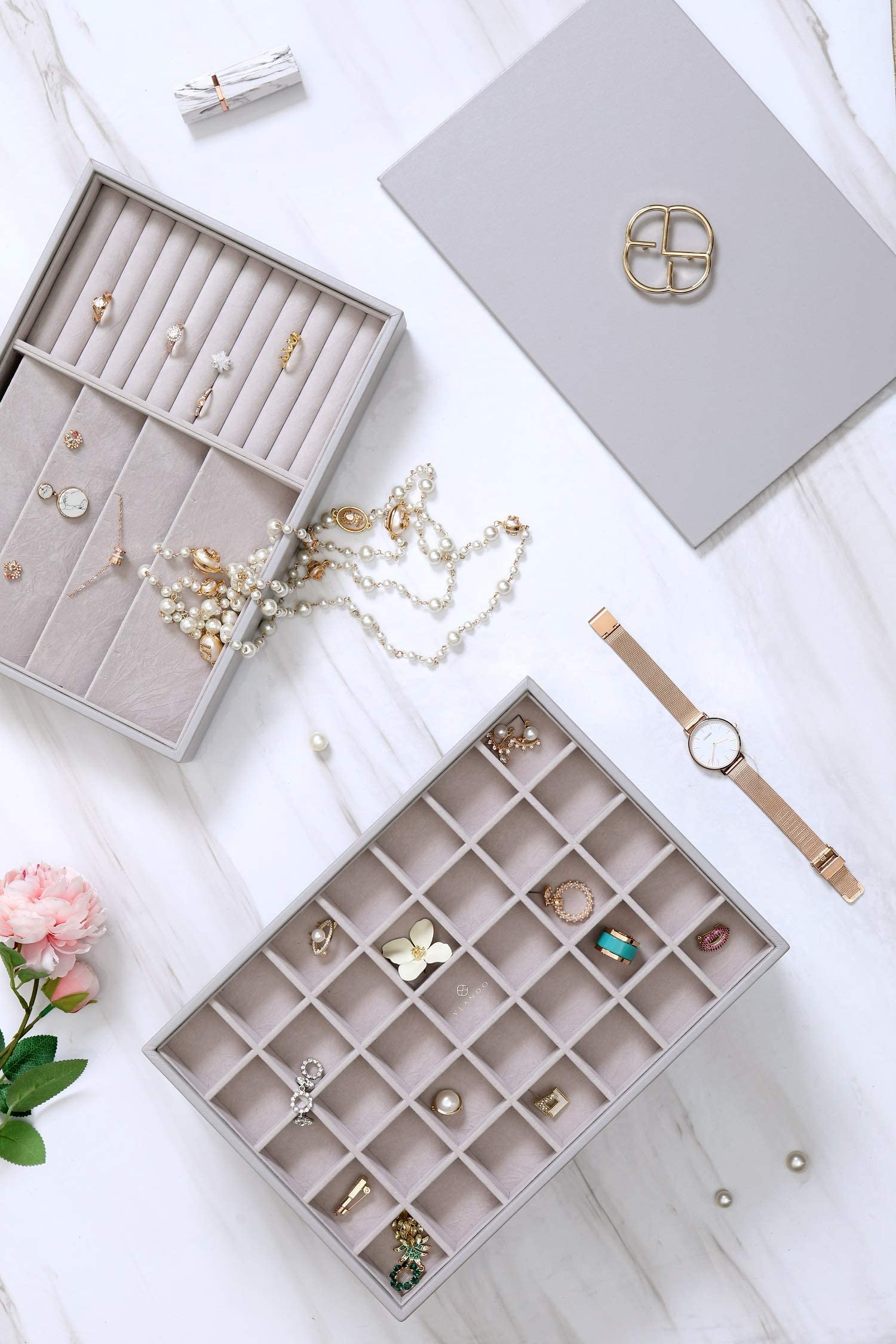 Vlando Miller 5-in-1 Grey Jewelry Tray with Viaggio Small Jewelry Case - Perfect for Travel, Home Organization & Gift Giving