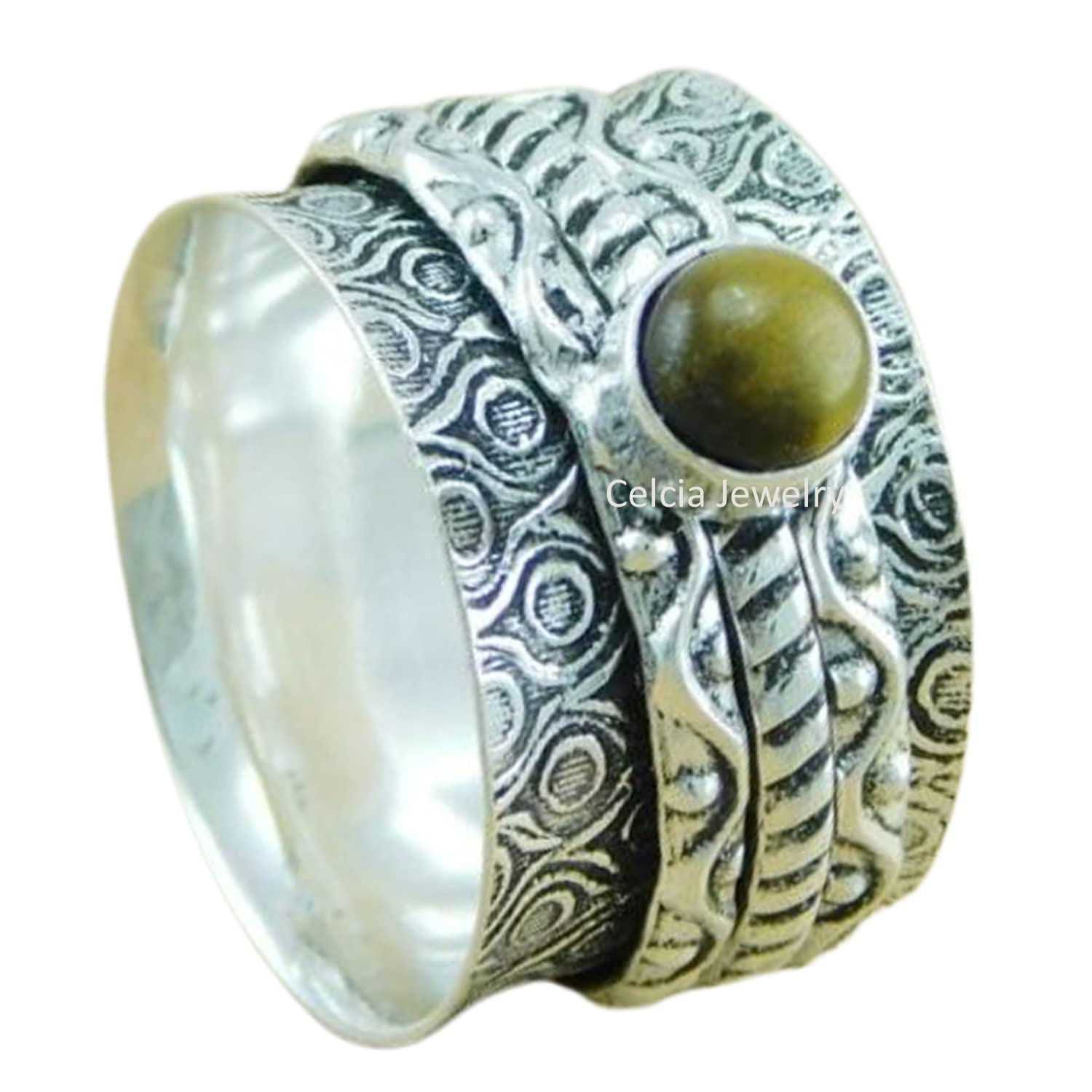 Tiger Eye Gemstone Spinner Ring - 925 Sterling Silver Unisex Handmade Jewelry for Meditation & Stress Relief - Fidget Spinner Ring for Anxiety, Focus & Relaxation - Unique Gift for Men & Women (Size 7) - Perfect for Office, Travel & Daily Wear