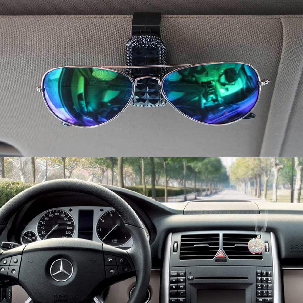 2 Pcs Car Glasses Holders for Sun Visor - Double Layer Sunglasses & Eyeglass Clip with Ticket Card Holder - Cute Bling Car Accessories for Women - Perfect for Road Trips, Commuting & Organizing Small Items
