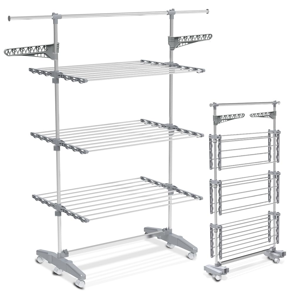 Large 3-Tier Foldable Stainless Steel Clothes Drying Rack | Indoor/Outdoor Laundry Airer | Space-Saving Clothes Horse for Apartments, Balconies & Travel