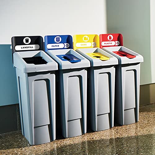 23 Gallon Commercial Waste Bin - 4-Stream Rectangular Recycling Station Kit with Mixed Recycling Lids | Heavy Duty Plastic Trash Can for Indoor & Outdoor Use | Perfect for Kitchen, Office, Garden, Garage Waste Management