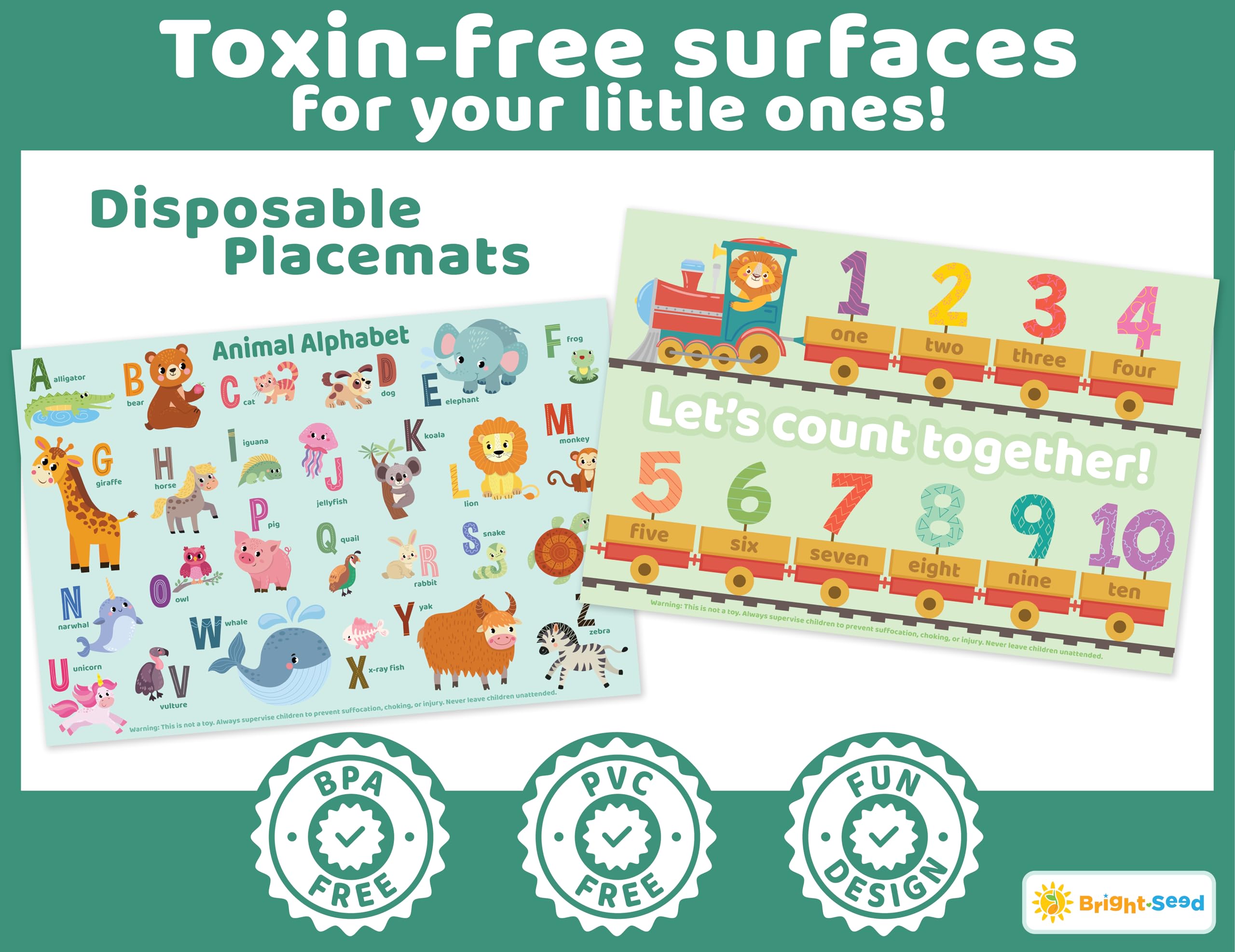 Disposable Baby Placemats for Toddlers & Kids - 40 Pack Waterproof Dining Mats for Restaurants, Travel & Home Use - ABC, Numbers & Animal Learning Mats - Perfect for High Chairs, Picnics & On-the-Go Meals