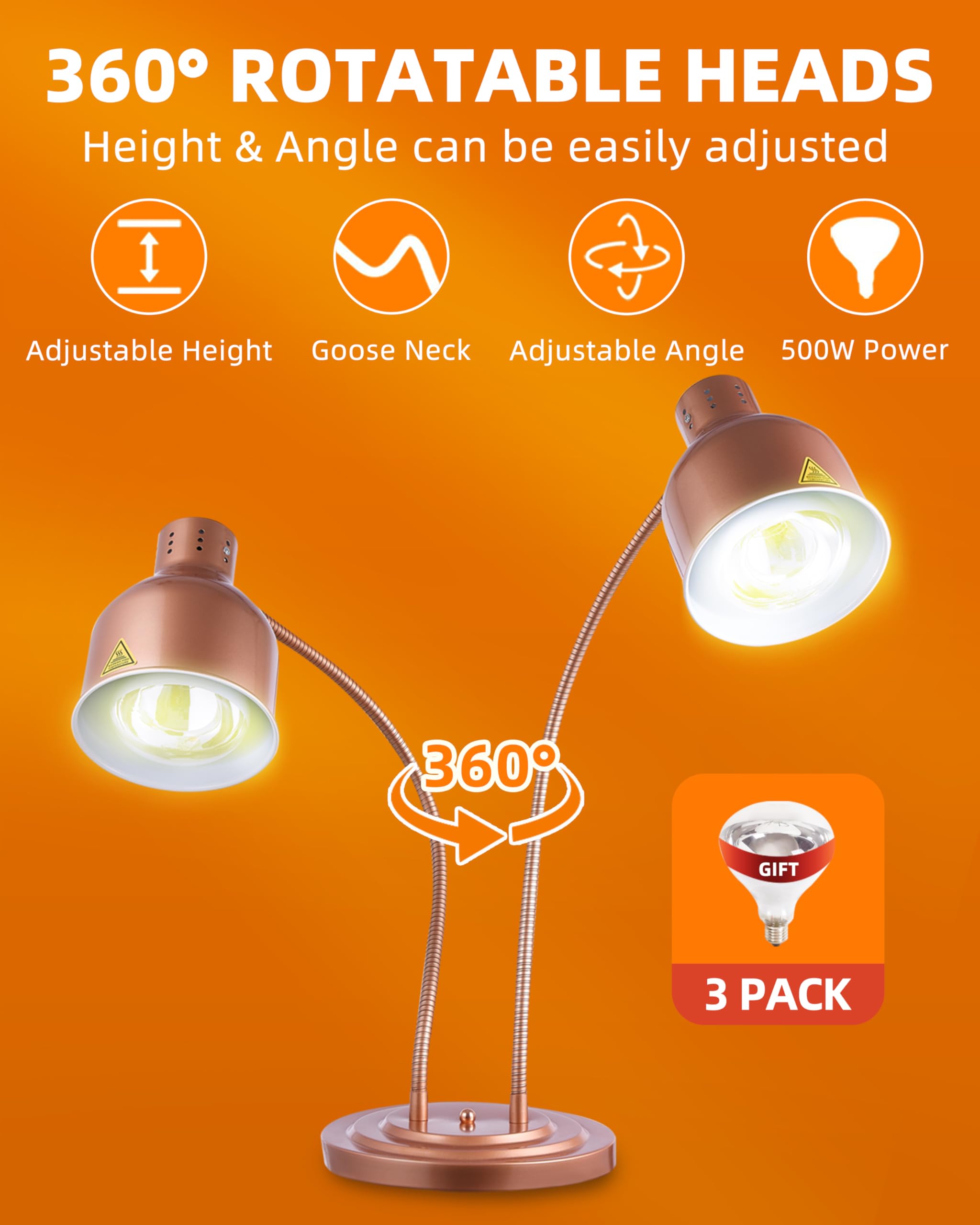 Commercial Food Heat Lamp with 3 Rapid-Heating Bulbs - 500W Electric Food Warmer for Catering, Buffets & Restaurants - Painted Copper Finish for Steady Heating - Perfect for Keeping Dishes Warm at Parties, Events & Food Service Stations