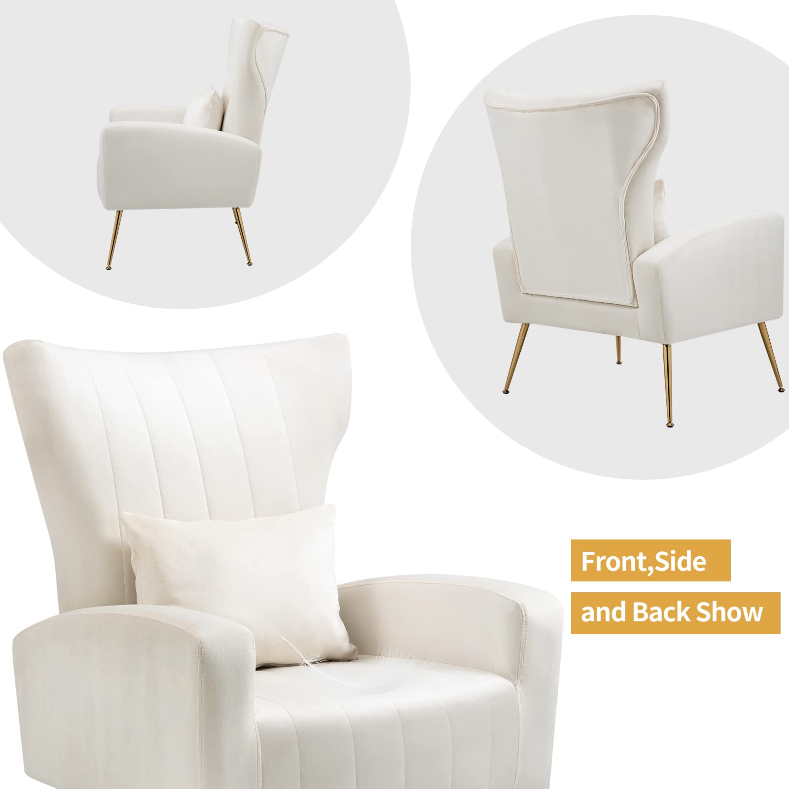 Modern Velvet Accent Chairs Set of 2 - High Back Armchairs with Lumbar Pillow & Gold Metal Legs - Living Room, Bedroom, Office Lounge Seating - White Luxury Upholstered Chairs for Home Decor