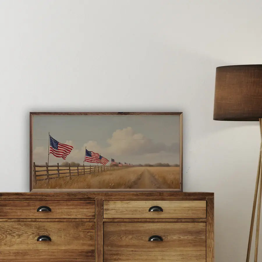 Flags On Fenceline Wood Framed Print - Rustic Farmhouse Wall Art Decor for Living Room, Bedroom & Office