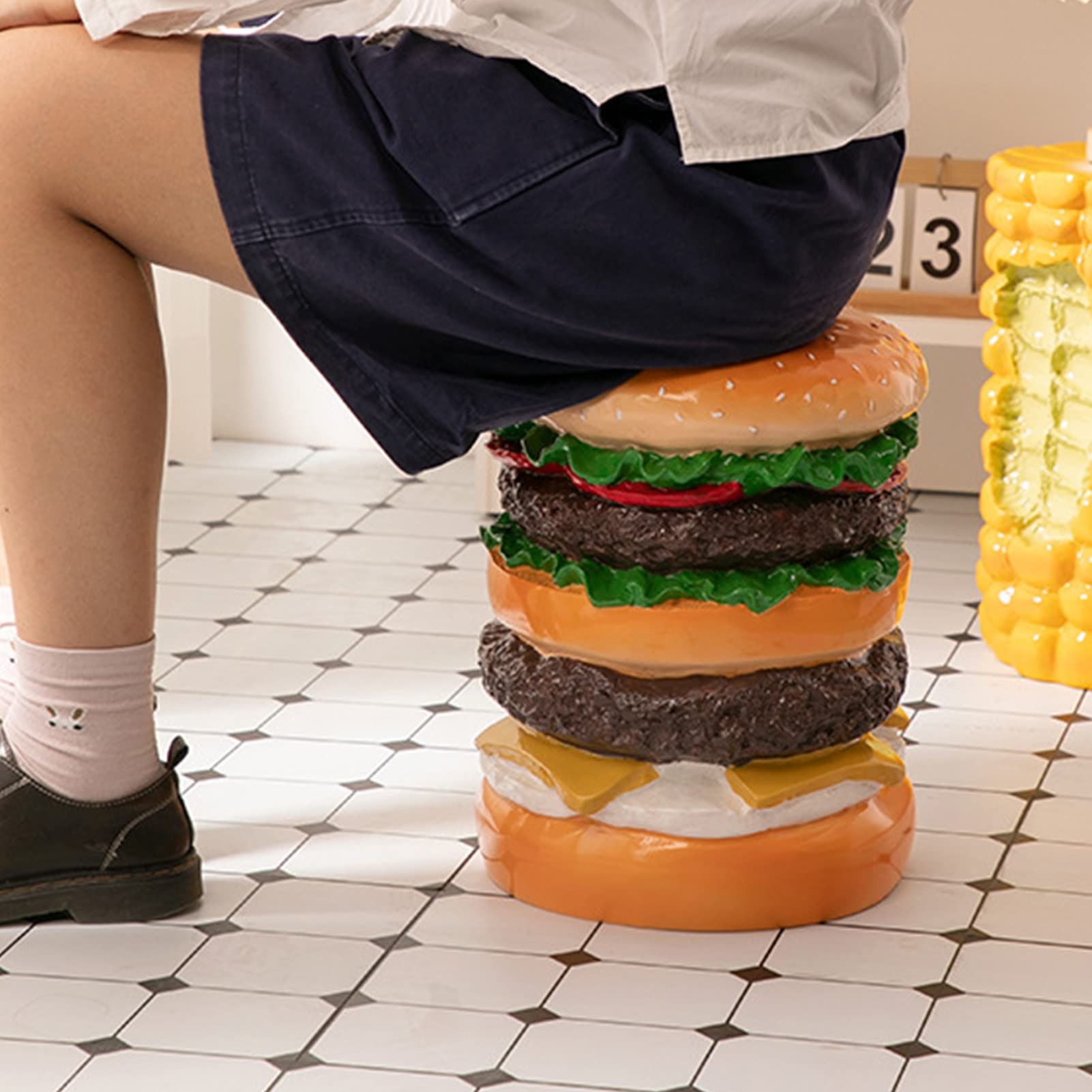 VINGVO Hand Painted Burger Foot Rest Stool - Cute & Stylish Small Ottoman for Living Room, Kitchen, Office - Perfect for Extra Seating, Foot Support & Home Decor