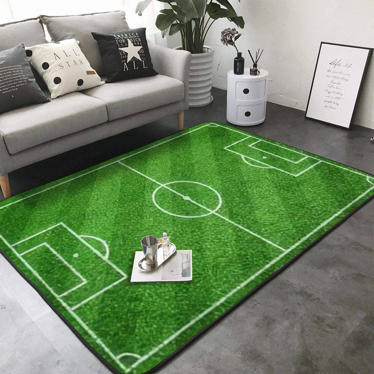 Premium Green Soccer Football Field Striped Grass Texture Rug - Non-Slip Sports Area Mat for Gamers, Boys Bedroom & Living Room - Perfect for Game Room Decor, Man Cave, and Modern Home Flooring