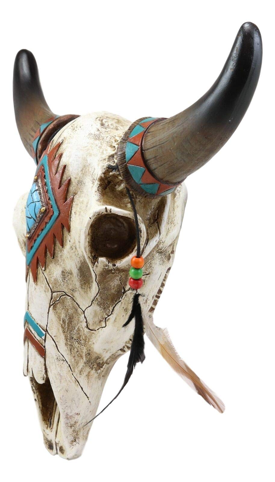 12.5 Inch Southwest Style Steer Bison Bull Cow Skull Wall Decor with Horns & Feathers - Rustic Western Home Decor for Living Room, Bedroom or Office - Handmade in USA