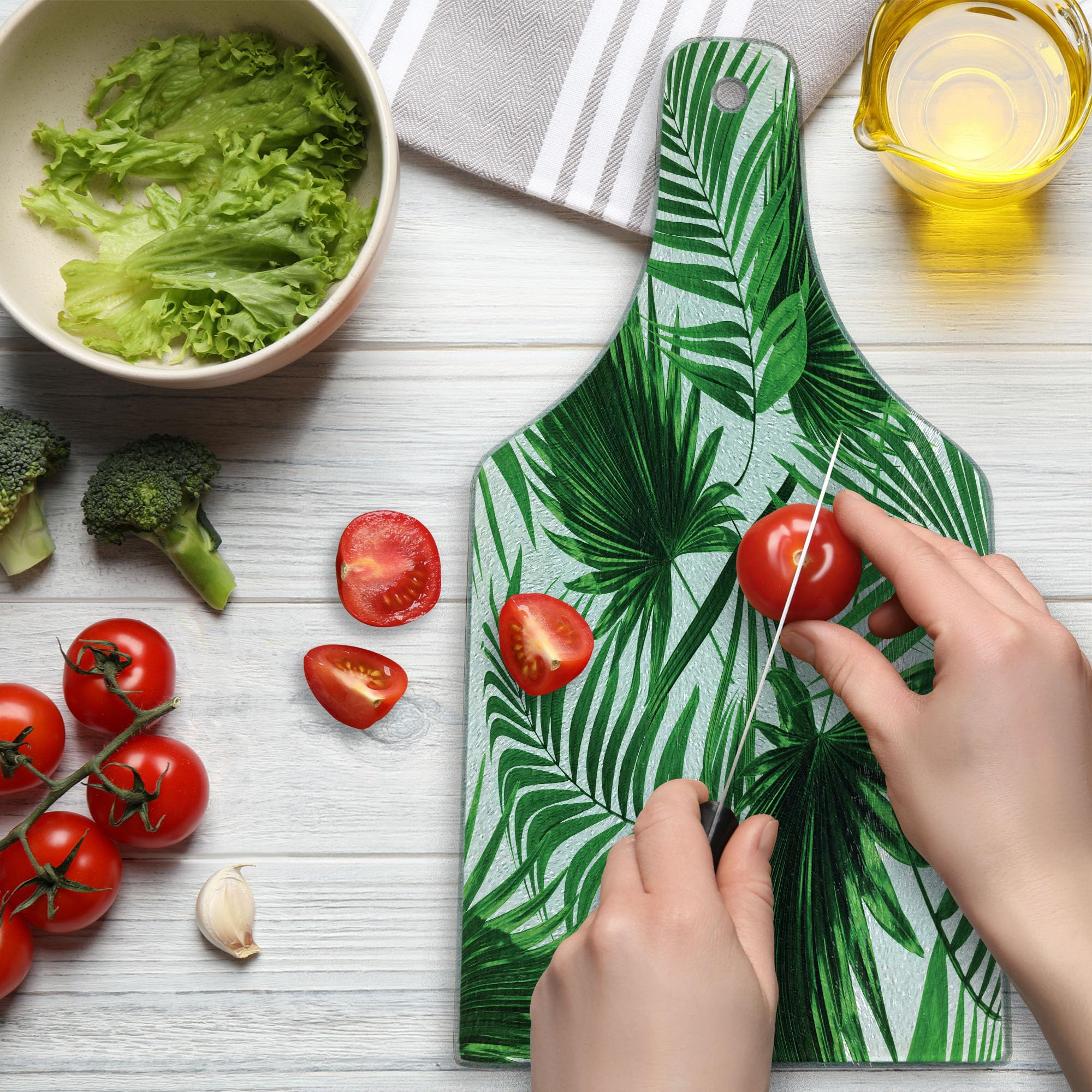 Ambesonne Palm Leaf Tempered Glass Cutting Board - Realistic Botanical Print, Decorative Serving Board with Wine Bottle Shape in Fern Green & White - Perfect for Kitchen Prep, Charcuterie, and Wine Pairing Displays