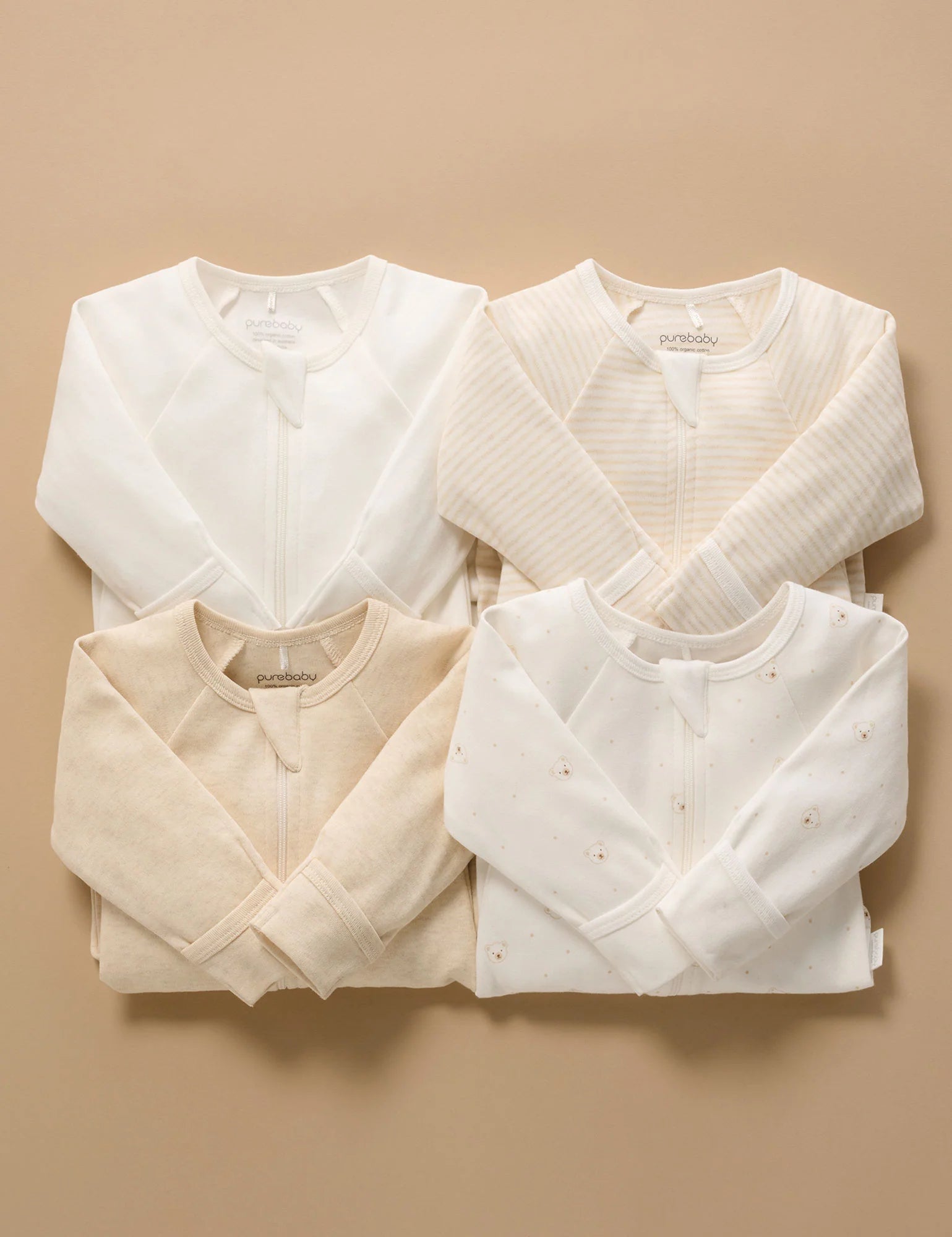 Purebaby Organic Cotton Zip Growsuit 4-Pack - Soft Baby Bodysuit with Bear Design | Perfect for Newborns, Infants & Toddlers | Ideal for Playtime, Sleep & Everyday Wear