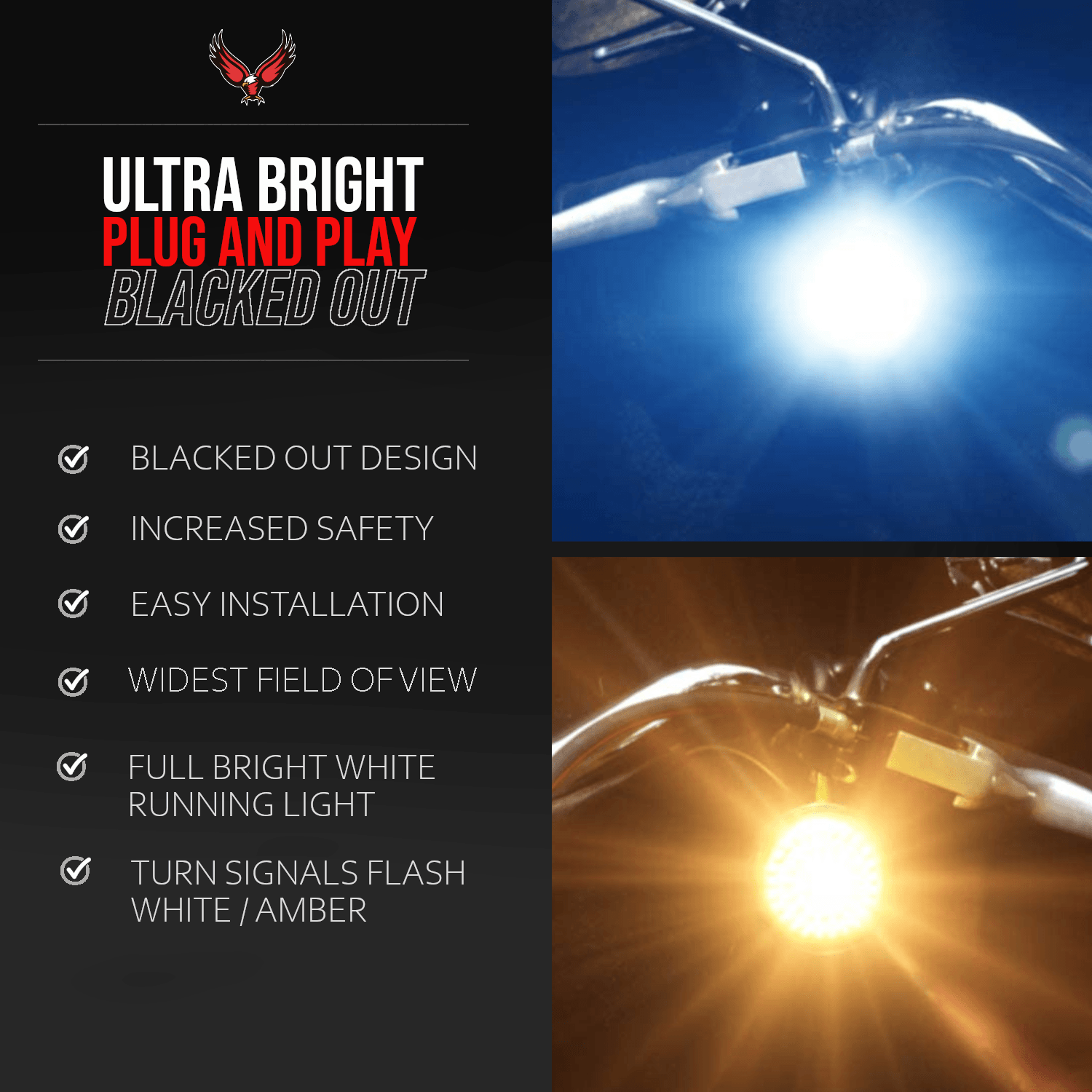 Eagle Lights Midnight Edition LED Turn Signal Kit for Harley Davidson - Front & Rear 1157 Base, Running Lights & Strobing Function | Motorcycle Safety & Customization Upgrade