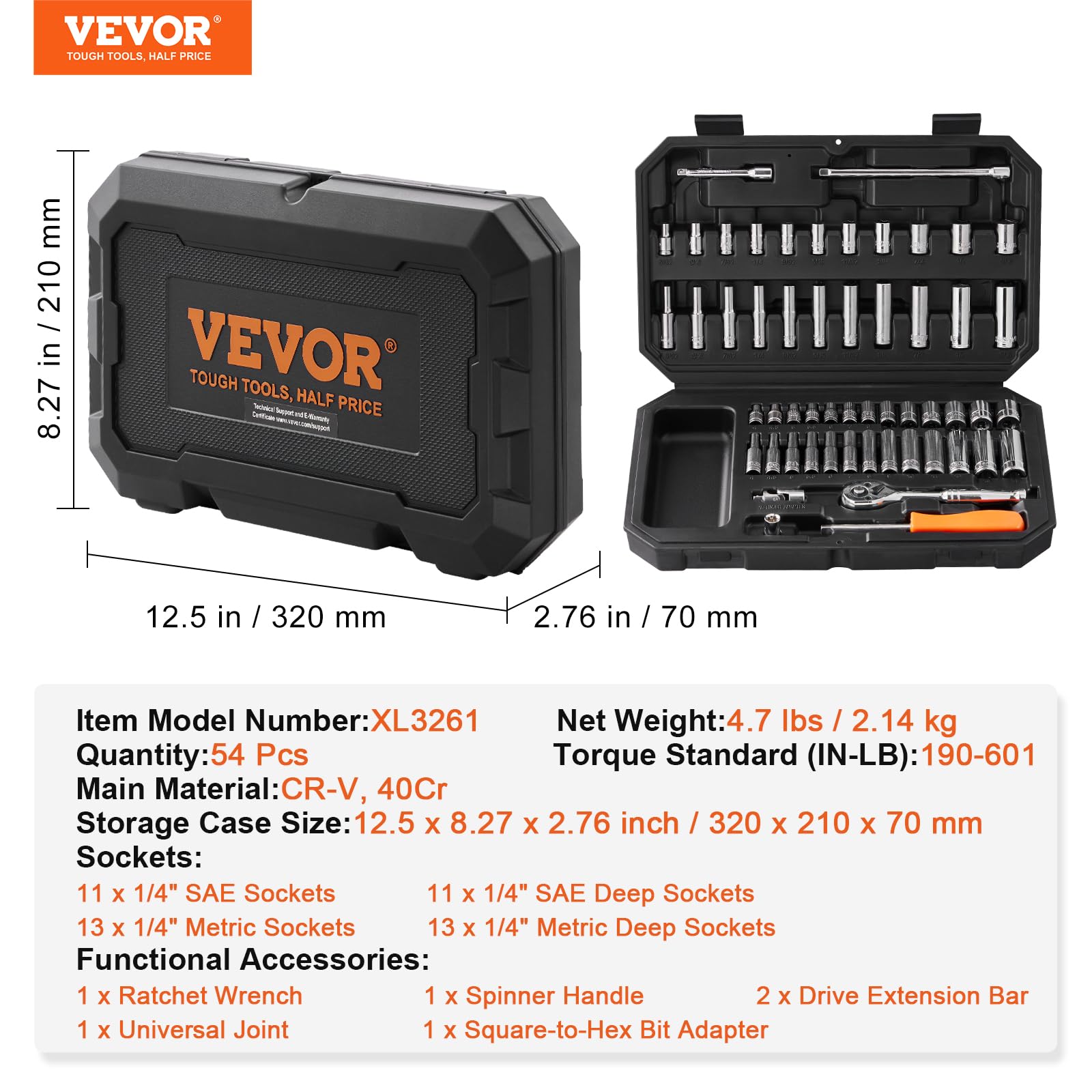 VEVOR 54-Piece 1/4 Inch Drive Socket and Ratchet Set - SAE & Metric 6-Point Deep/Standard Sockets (5/32-9/16 in, 4-14 mm) with Accessories & Storage Case - Perfect for Automotive Repair, DIY Projects, and Home Maintenance