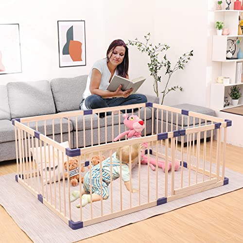 GURLLEU Natural Wooden Baby Playpen with Door - Foldable Kids Play Fence for Indoor Safety, Spacious Play Area & Activity Center | Perfect for Toddler Playtime, Home Daycare & Childproofing Living Spaces