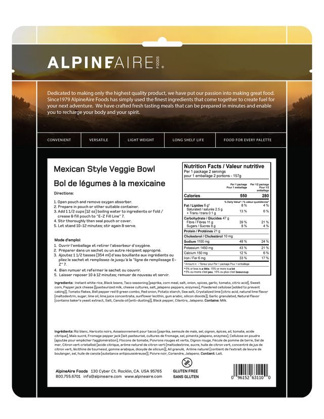 AlpineAire Mexican Style Veggie Bowl - Freeze Dried Camping Food, Lightweight Backpacking Meal for Hiking, Outdoor Adventures & Emergency Preparedness