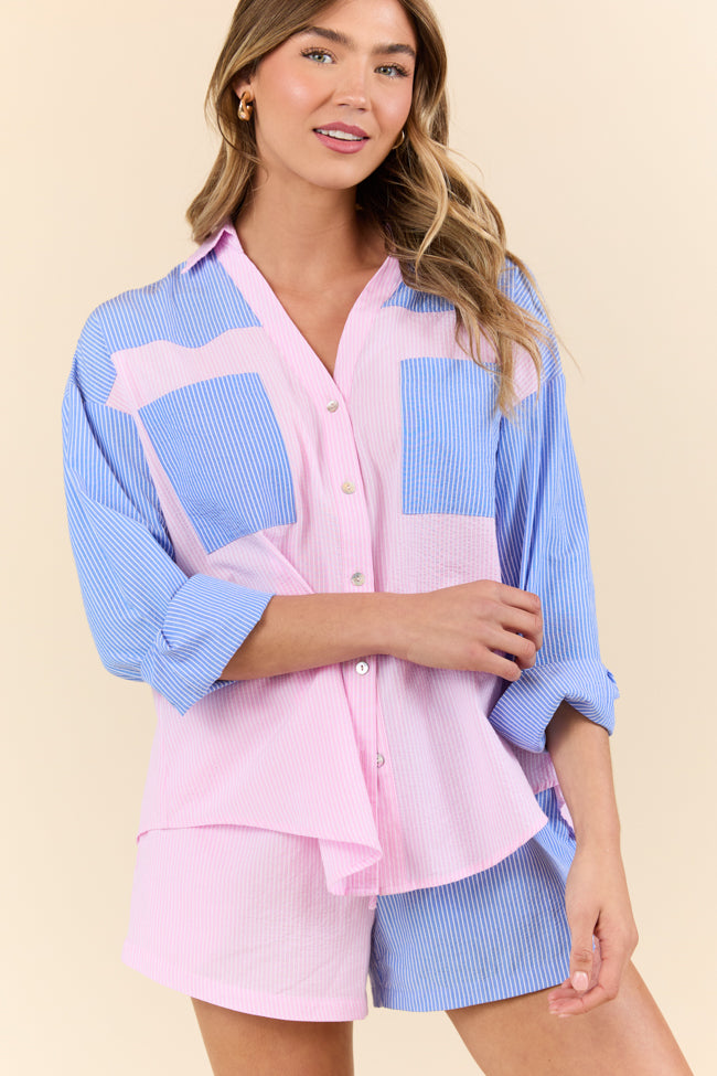 Perfect Days Blue and Pink Color Block Striped Long Sleeve Lounge Top - Soft Comfortable Women's Casual Shirt for Home, Yoga & Relaxation