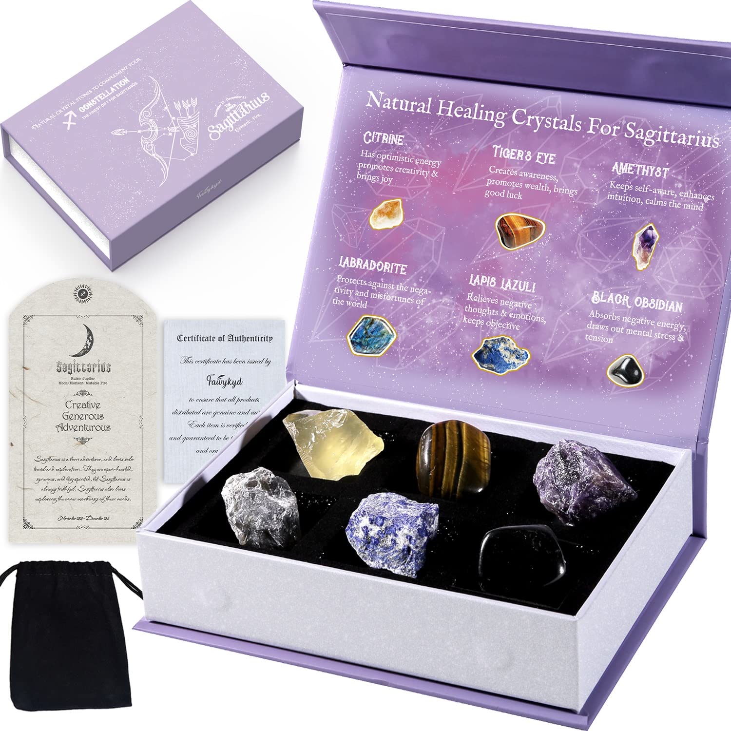 Faivykyd Sagittarius Crystal Set - Spiritual Gifts for Women & Girls - Healing Stones for Zodiac Signs - Perfect Birthday Gift for Her