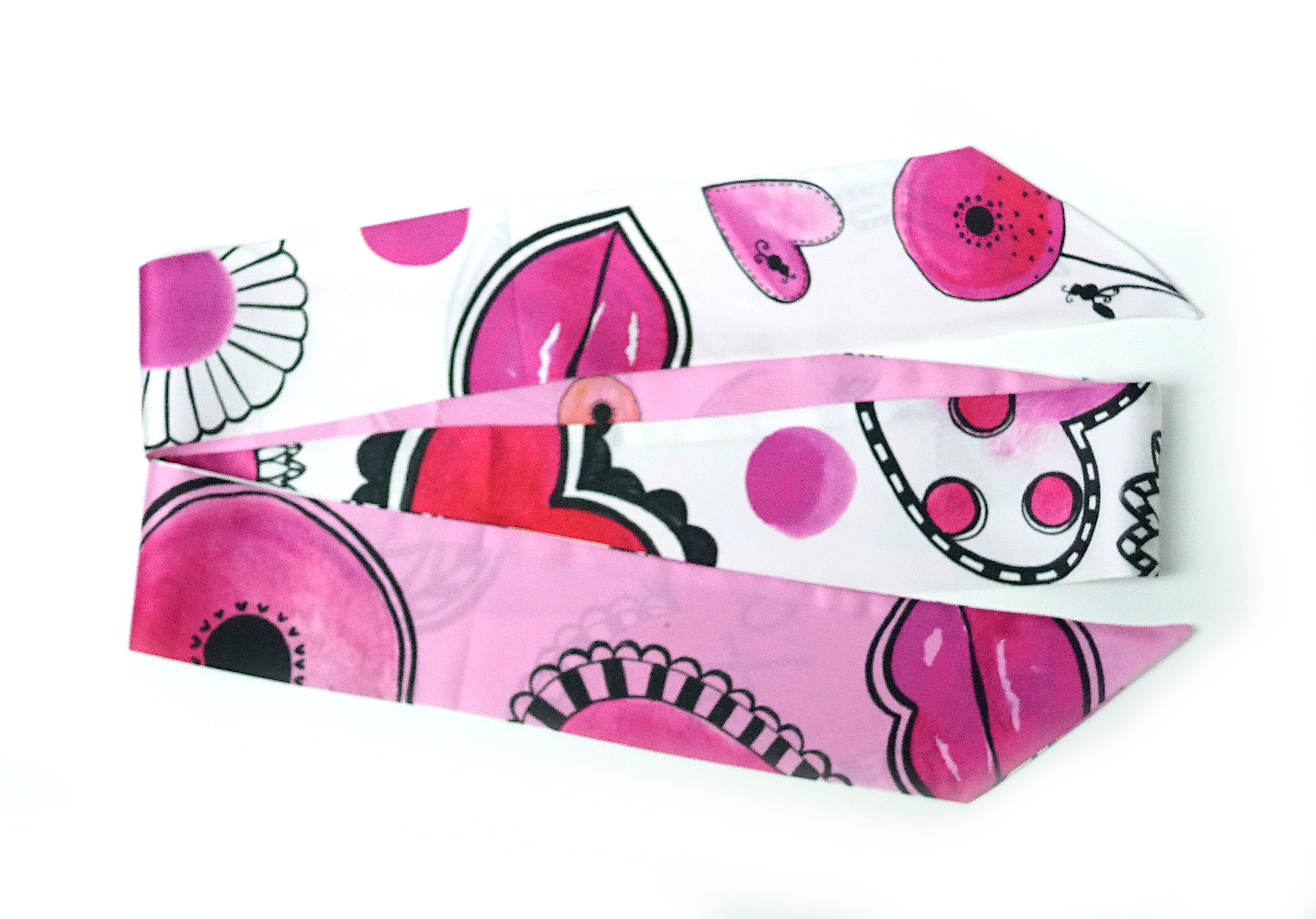 HUGS AND KISSES Silk Skinny Scarf Twilly for Women - Florida Sunset Pink & Cherry Red - Elegant Fashion Accessory for Gifts, Parties, and Daily Outfits