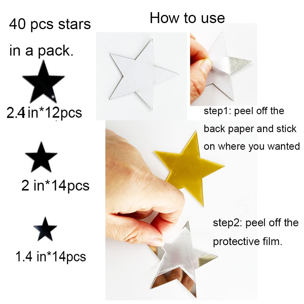 40Pcs Black Stars Acrylic Mirror Wall Stickers - Self-Adhesive Art Decals for Kids Bedroom, Nursery, Home DIY Decor - Removable Satin Paper Stickers for Party, Wedding, Photo Backdrop (Black Stars)