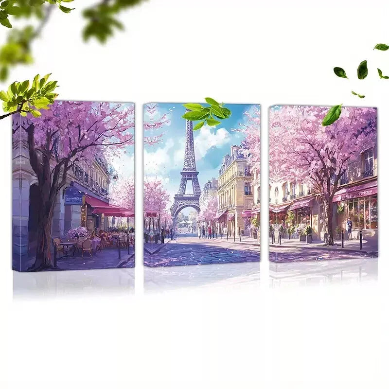 3-Piece Cherry Blossoms Eiffel Tower Paris Street Art Canvas Set - 50x70cm Framed Wall Decor | High Quality Print | 100% Australian Made | Ready to Hang | Perfect for Living Room, Bedroom & Office Decor