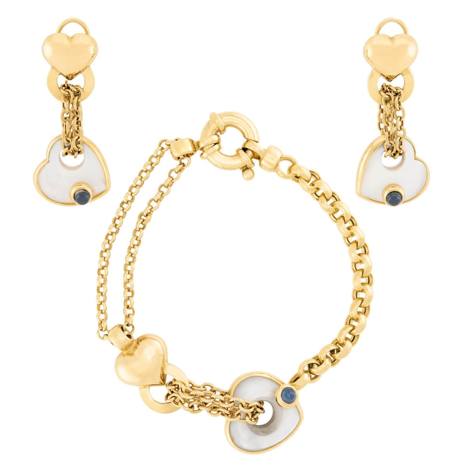 18K Gold Mother of Pearl and Sapphire Jewelry Set - Elegant Earrings & Bracelet for Women, Perfect for Weddings, Parties & Special Occasions
